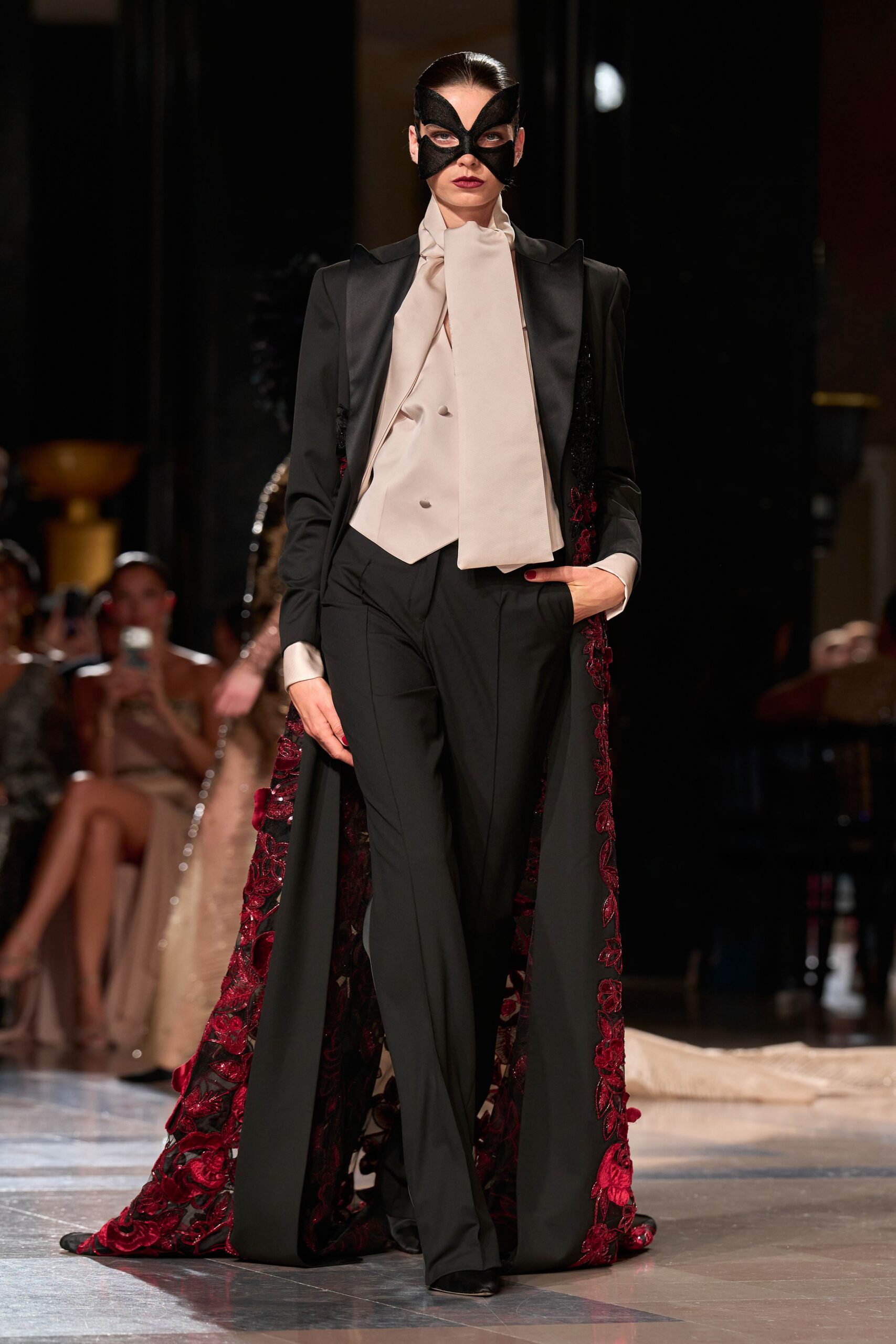 black silk long-sleeve collared tailored buttoned embroidered suit