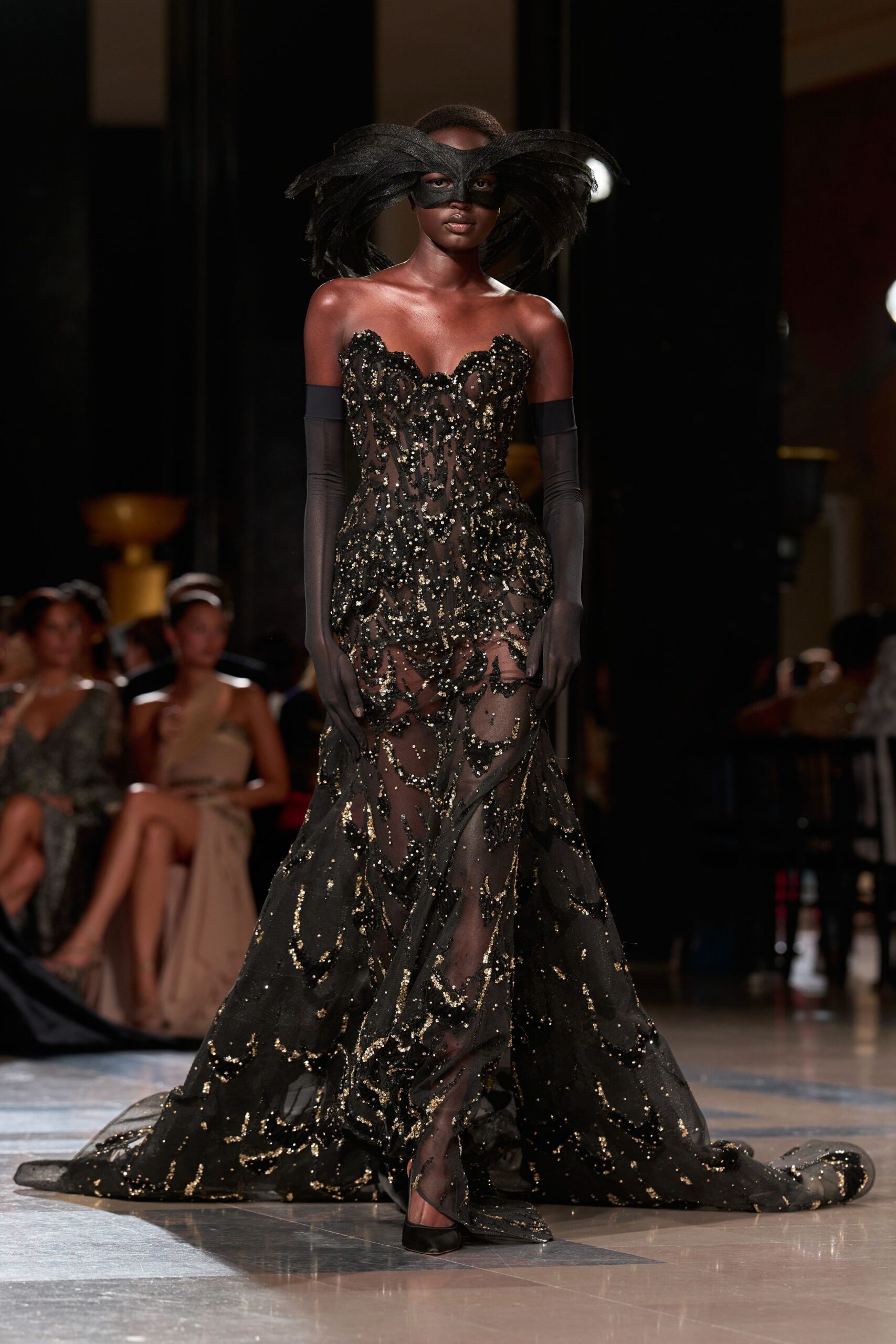 black lace embellished gown