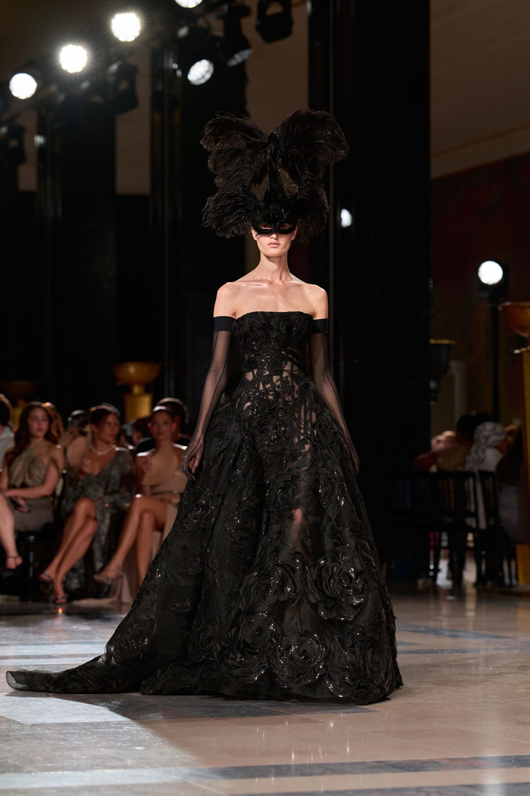 black lace strapless fitted embroidered layered sheer gown