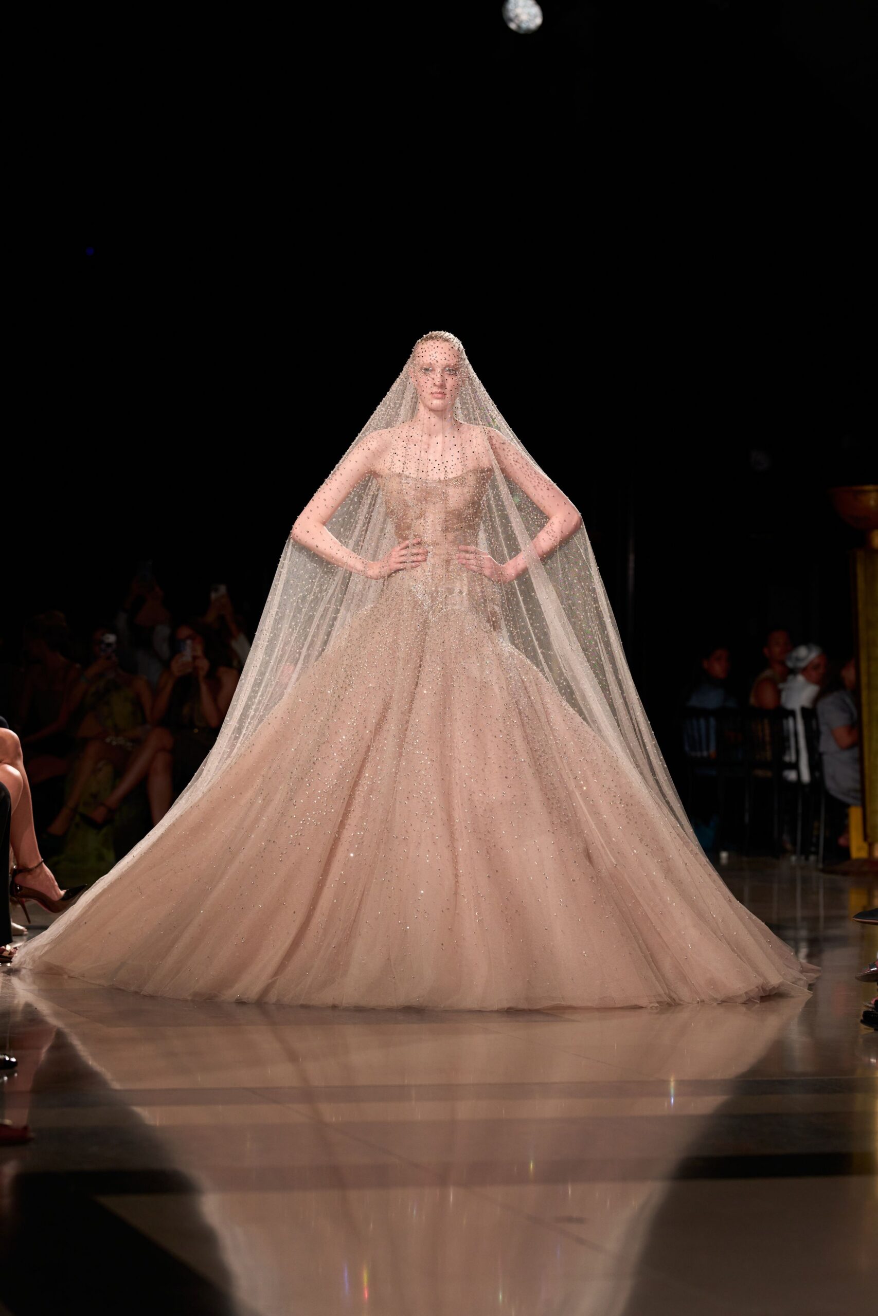 beige pleated tulle gown with veil