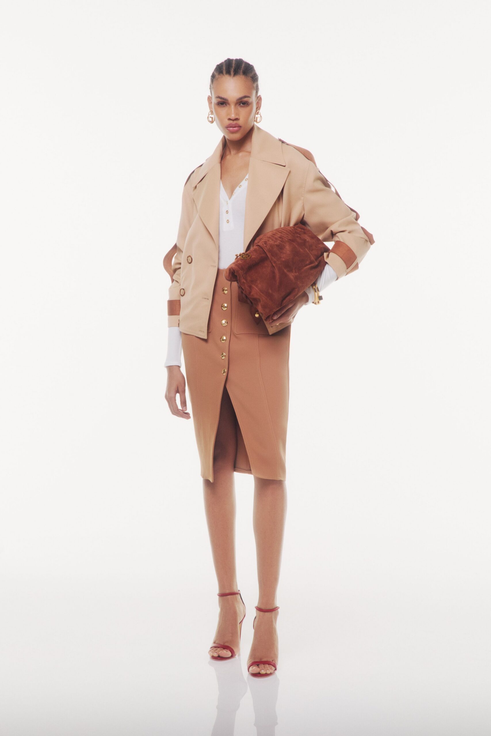 beige suede long-sleeve collared structured buttoned blazer