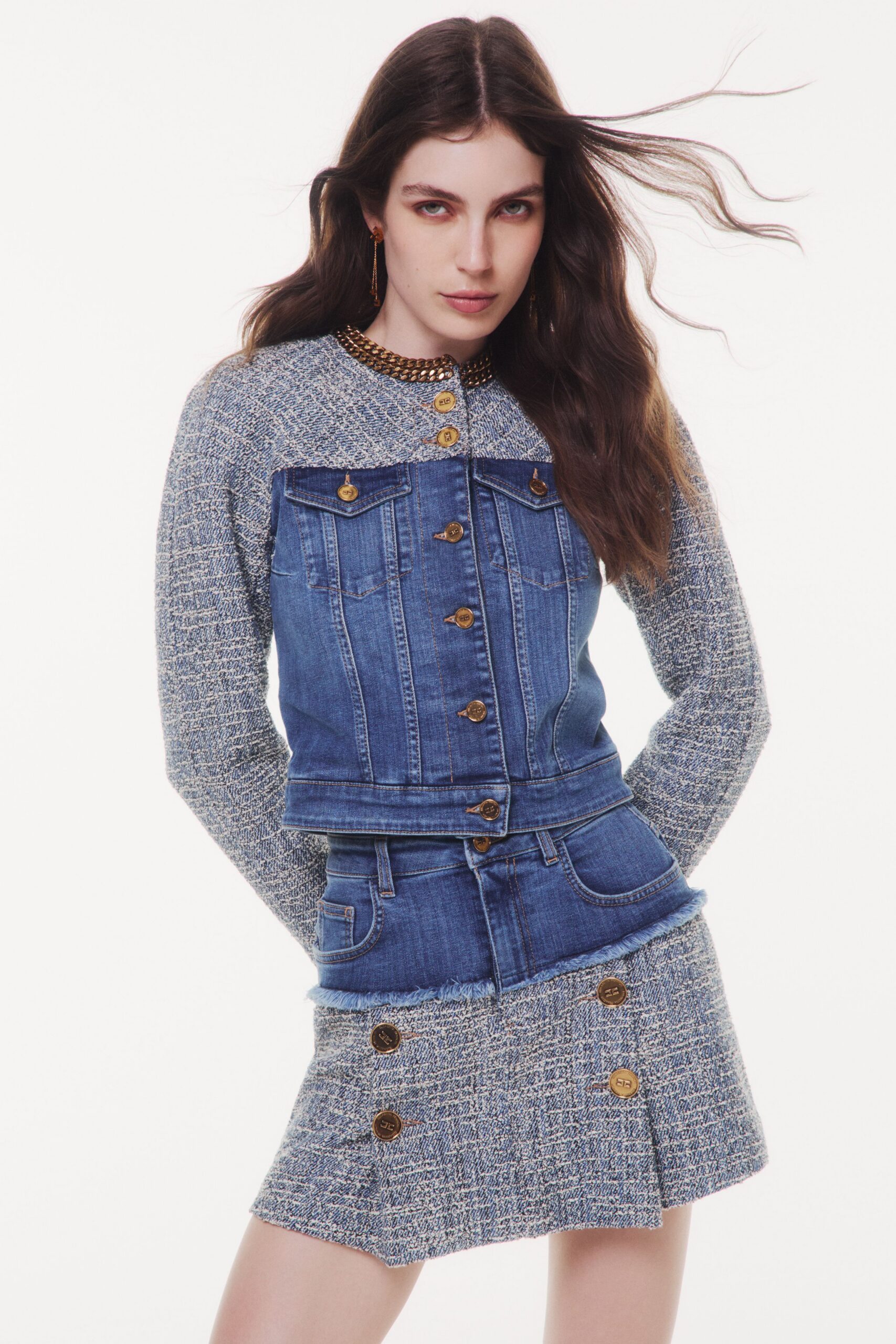 blue tweed fitted buttoned pleated short skirt