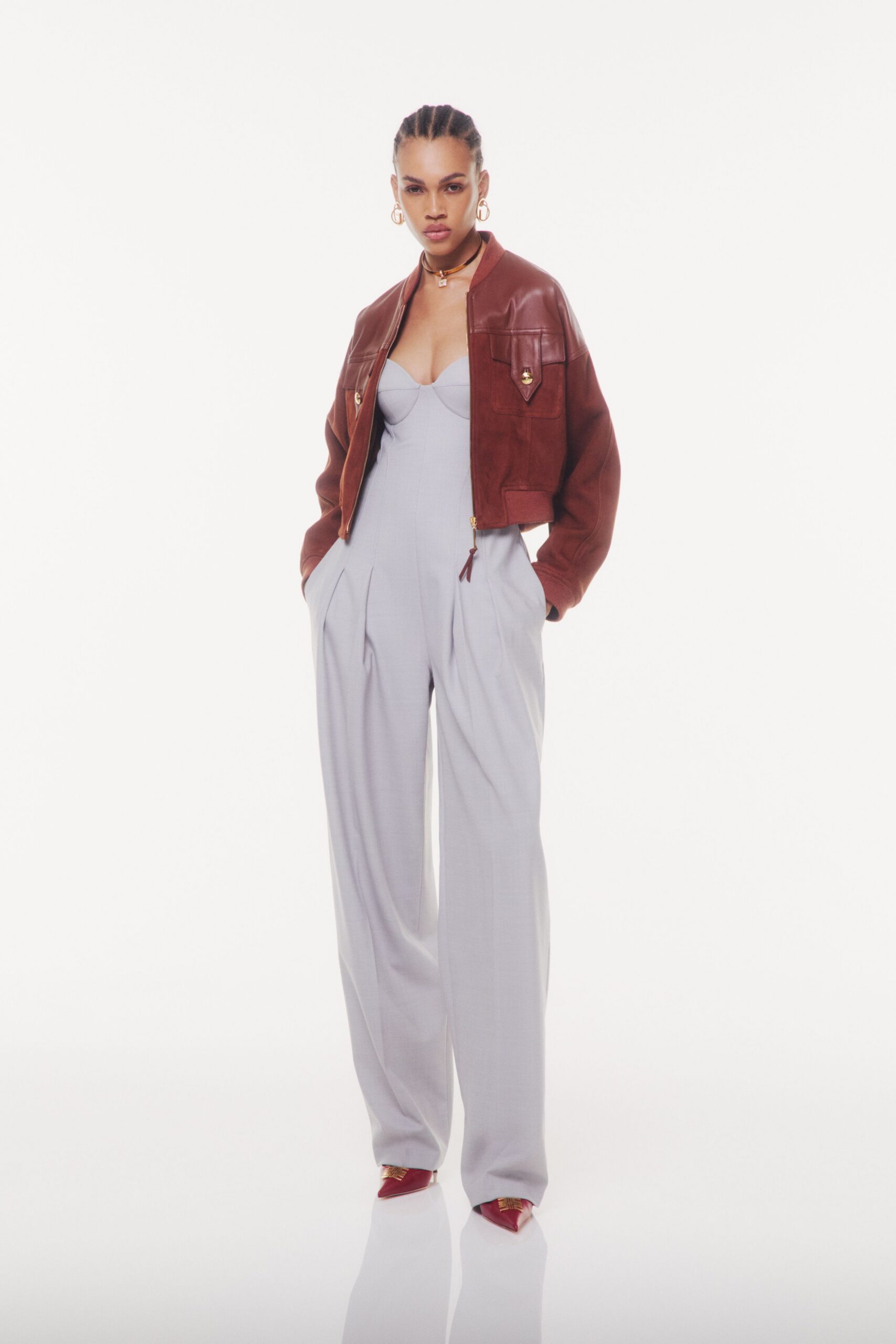 brown leather long-sleeve collared fitted zippered jacket