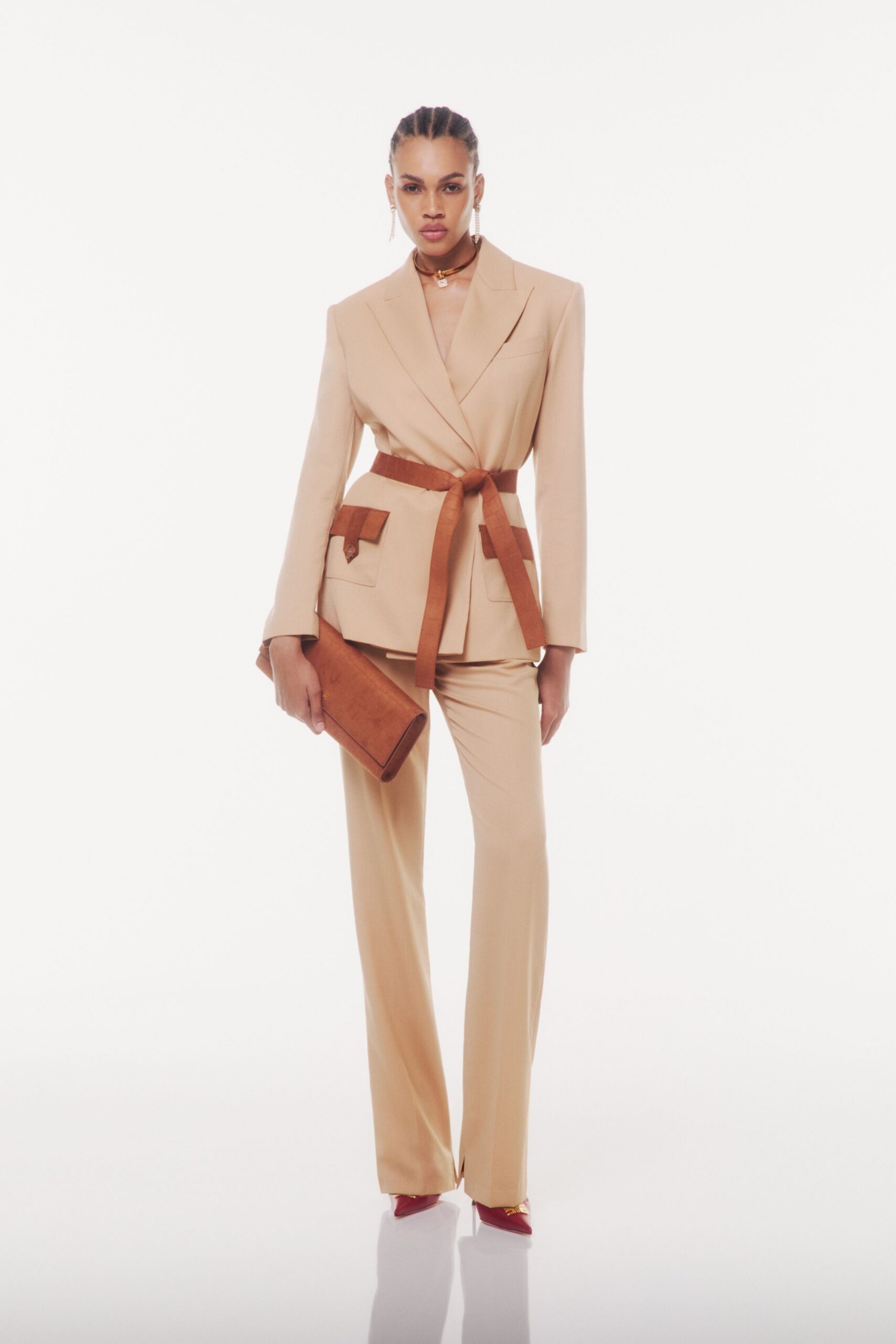 beige cotton tailored straight-leg pants