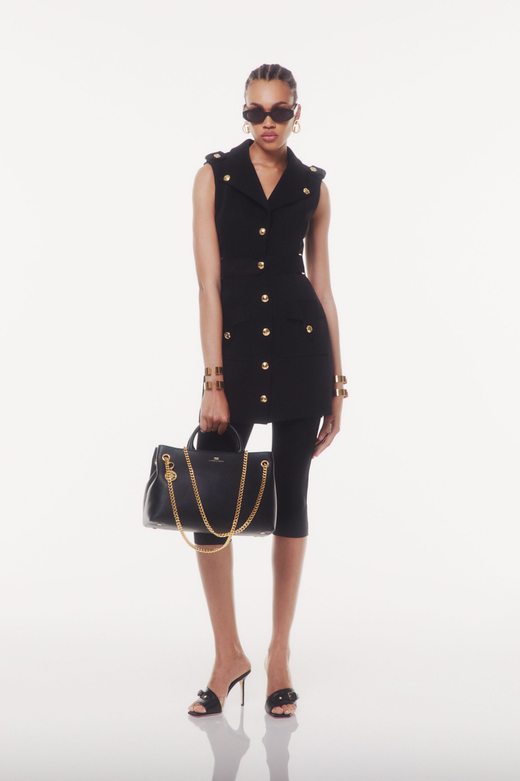 black cotton sleeveless collared fitted buttoned pencil dress