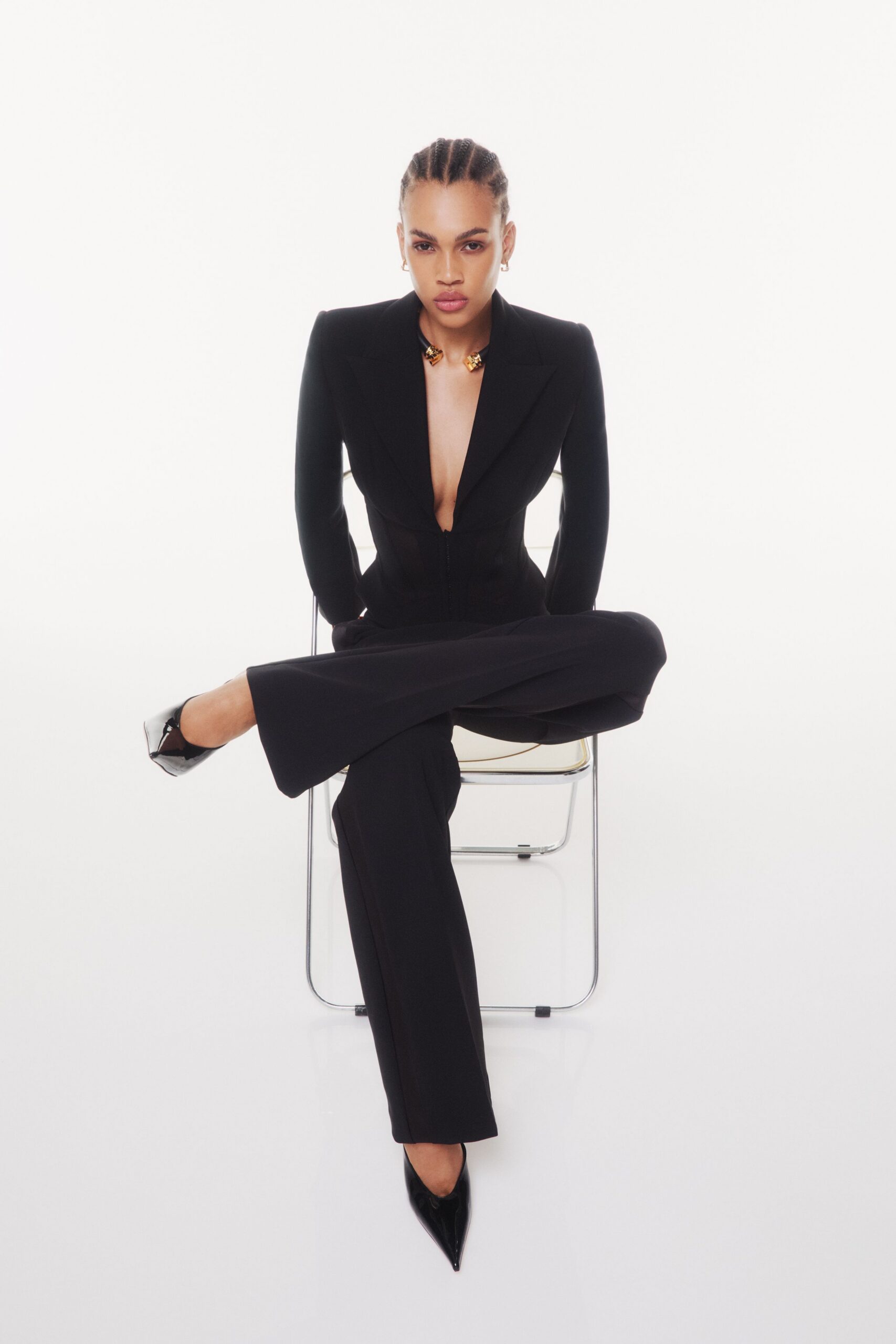 black cotton long-sleeve v-neck fitted flared suit