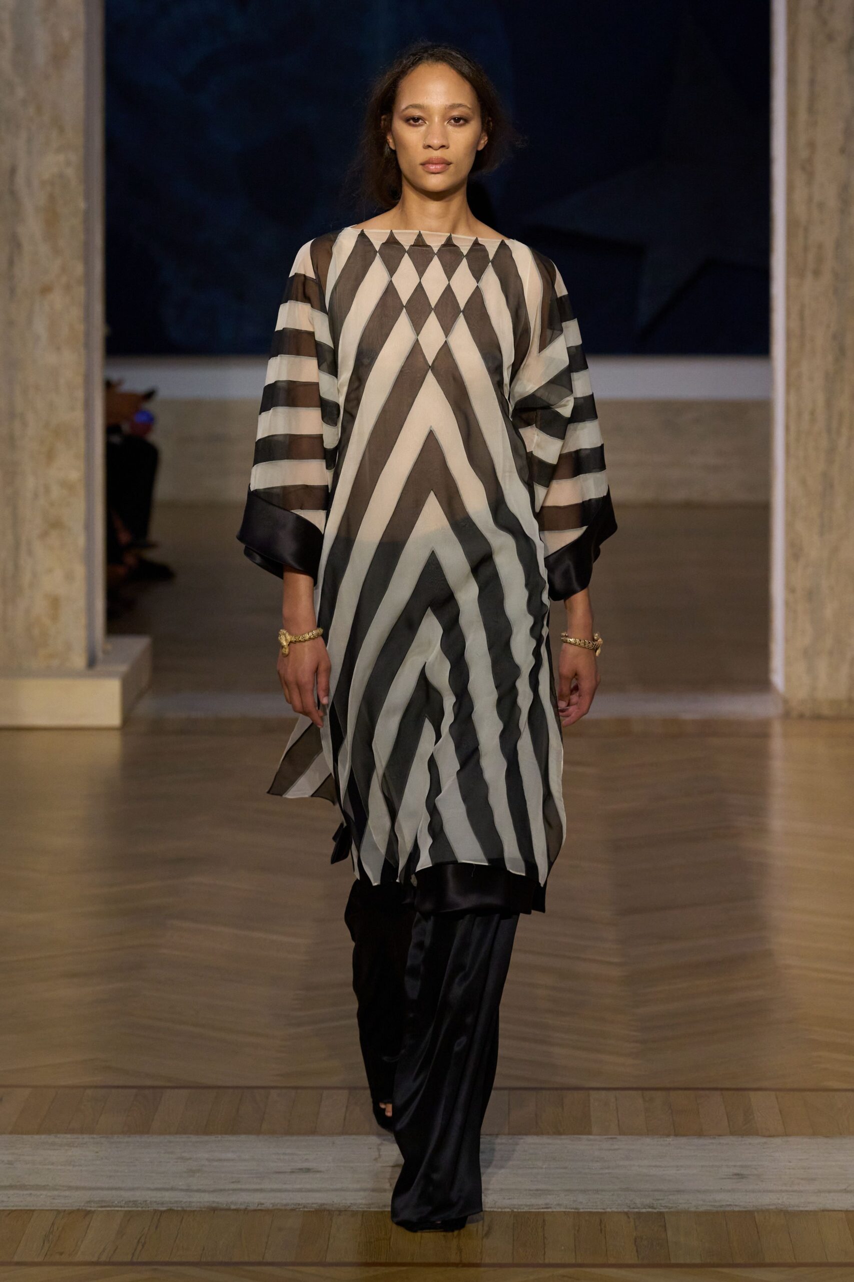 black silk long-sleeve v-neck relaxed striped flowing dress