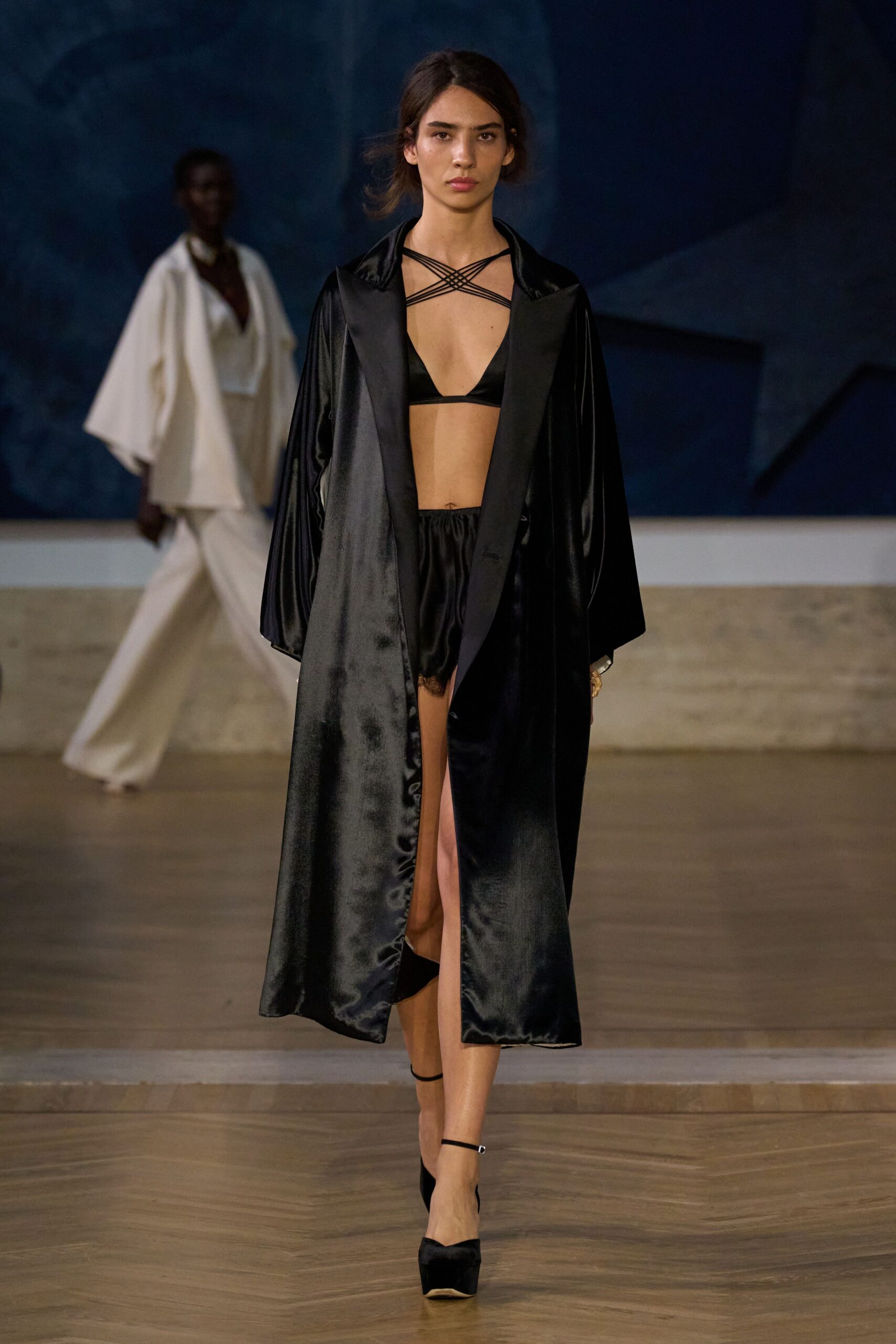 black silk long-sleeve collared relaxed draped shiny coat