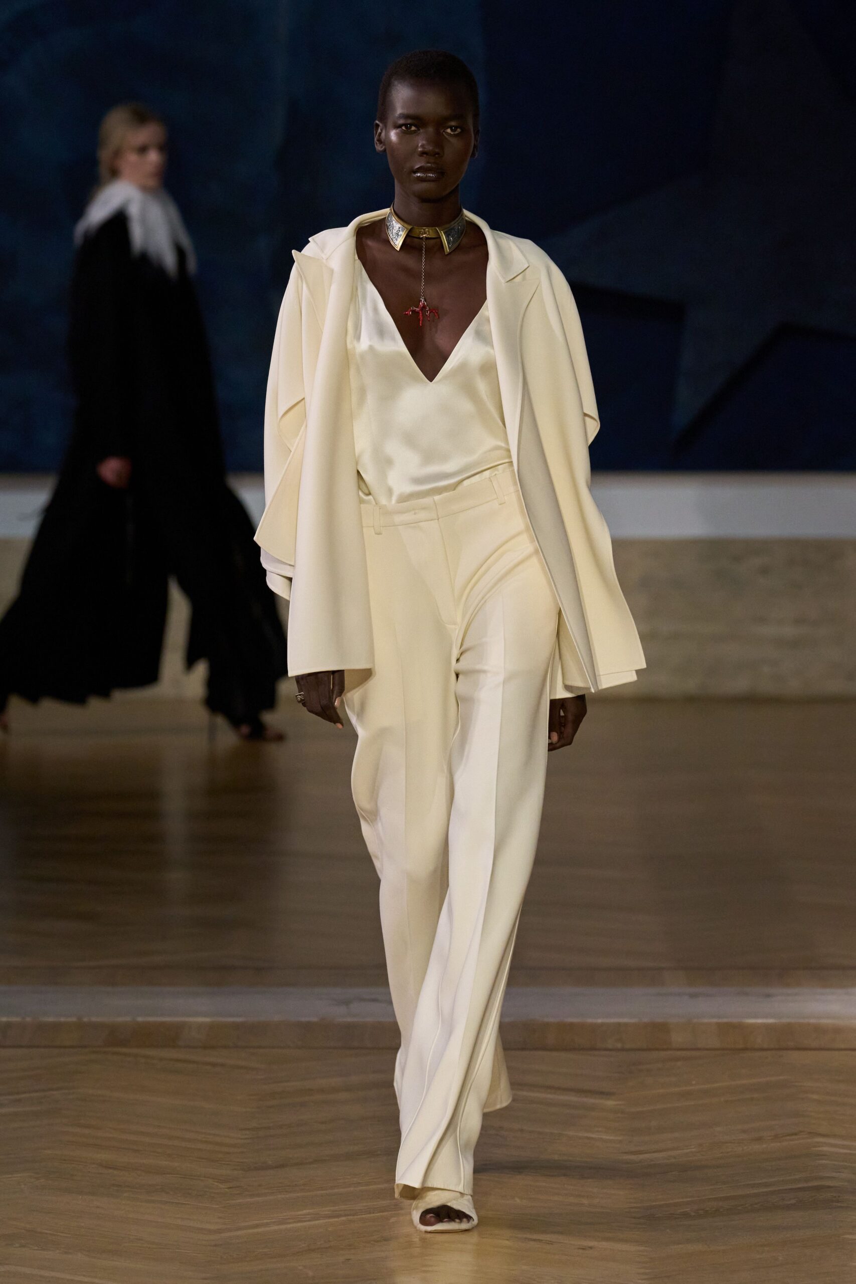 white silk tailored straight-leg pants