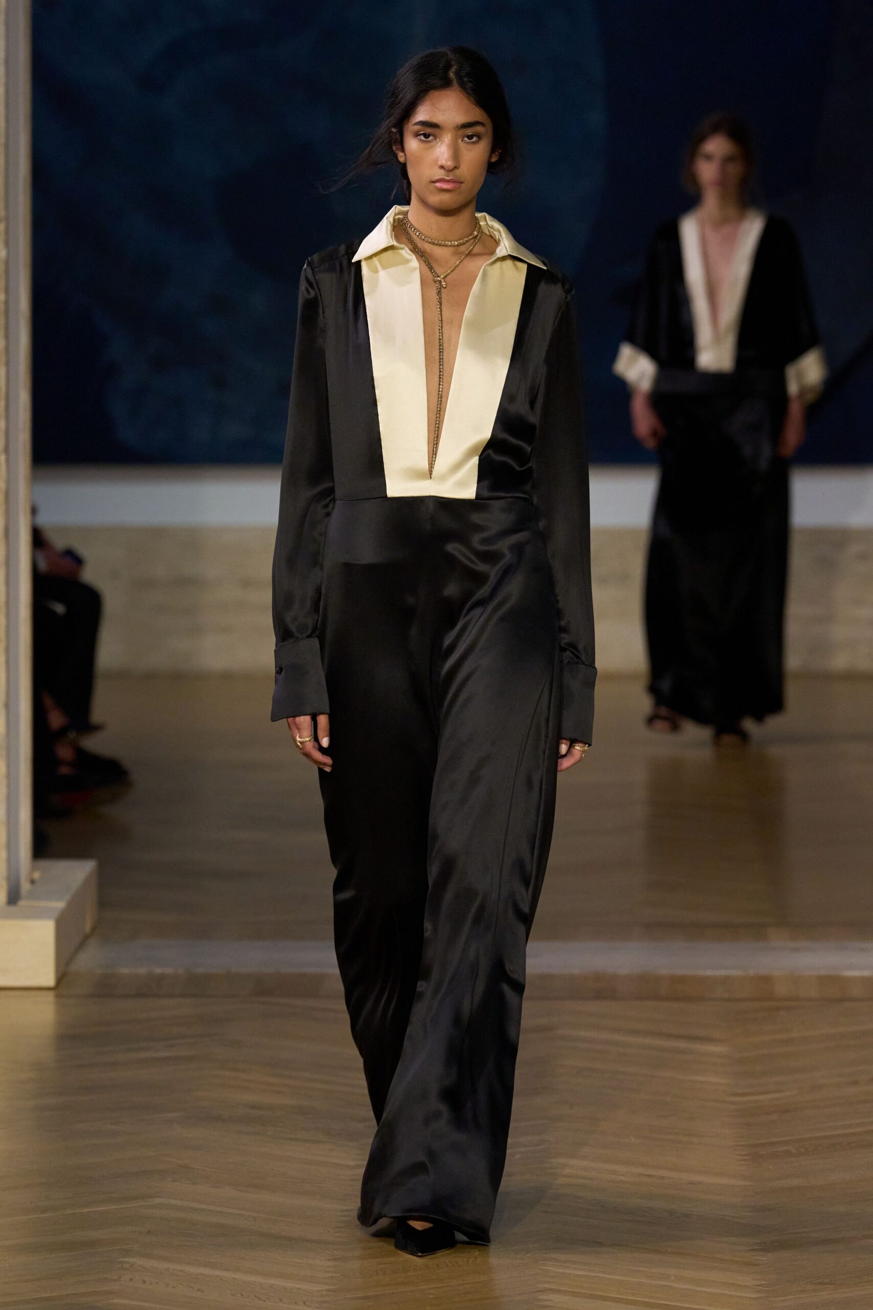 black silk long-sleeve v-neck fitted buttoned jumpsuit