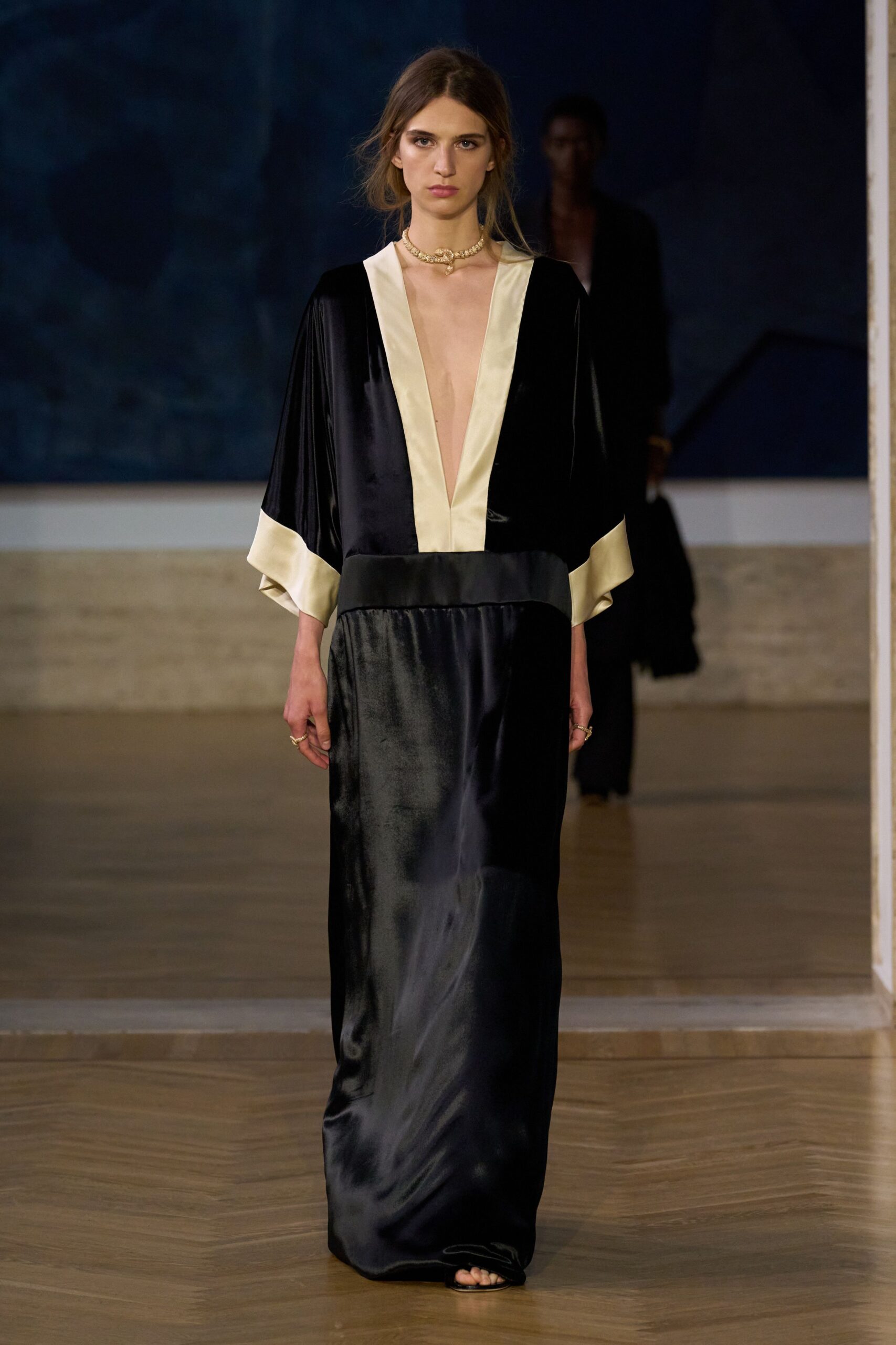 black silk long-sleeve v-neck fitted draped flowing gown