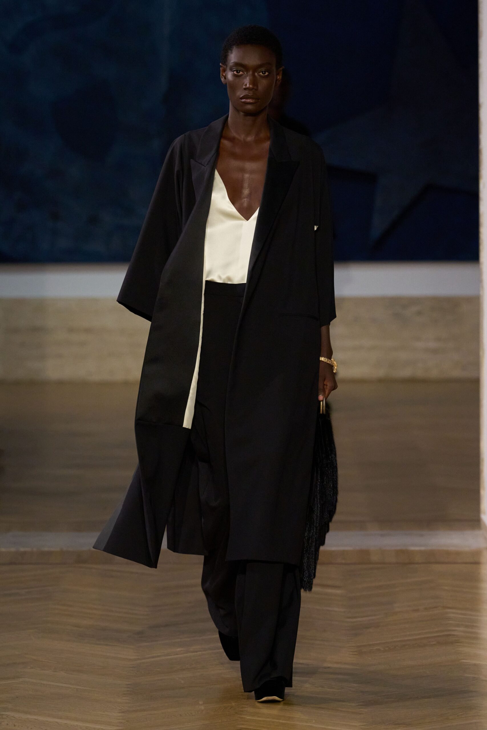 black silk long-sleeve collared relaxed layered coat