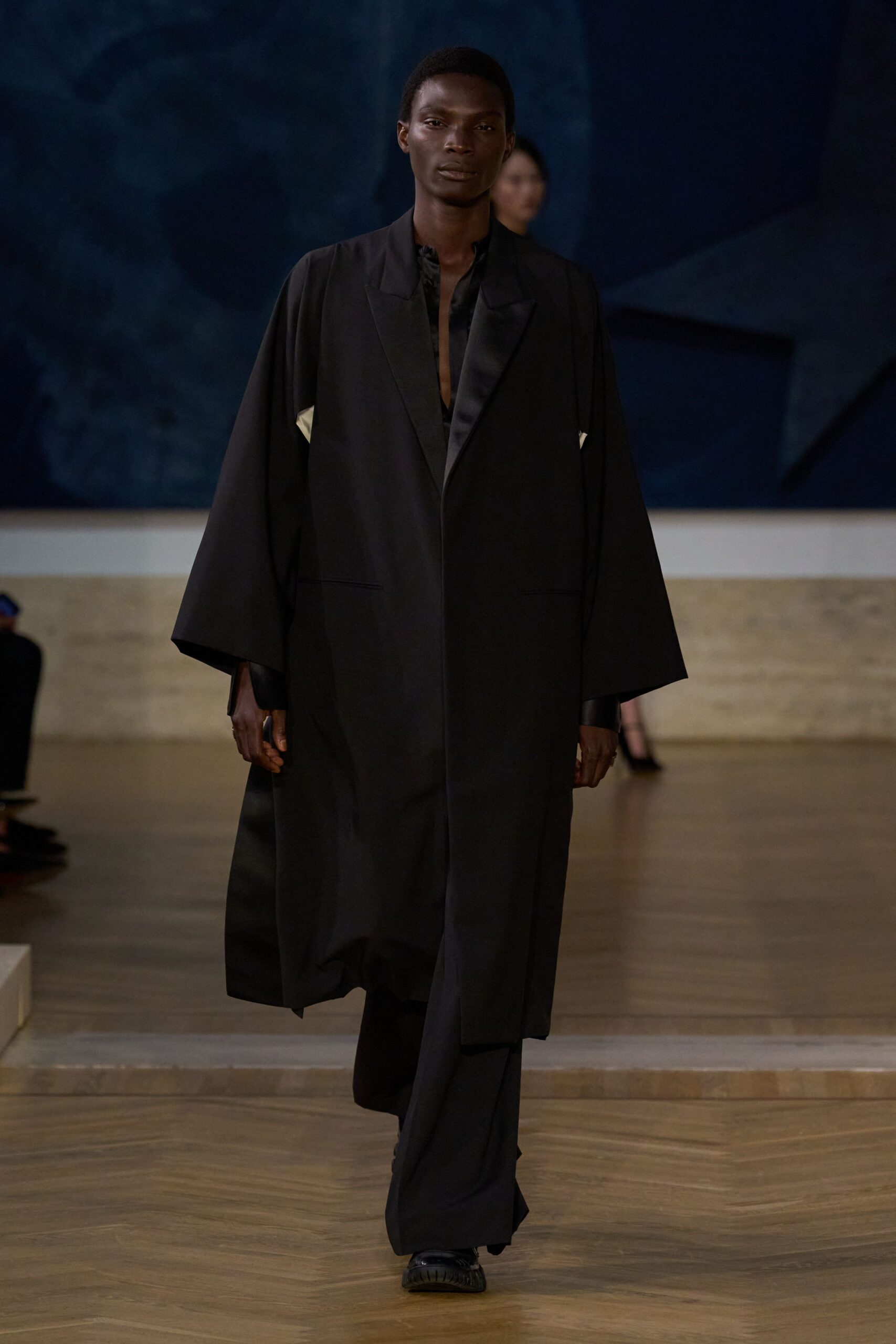 black silk long-sleeve collared relaxed layered coat