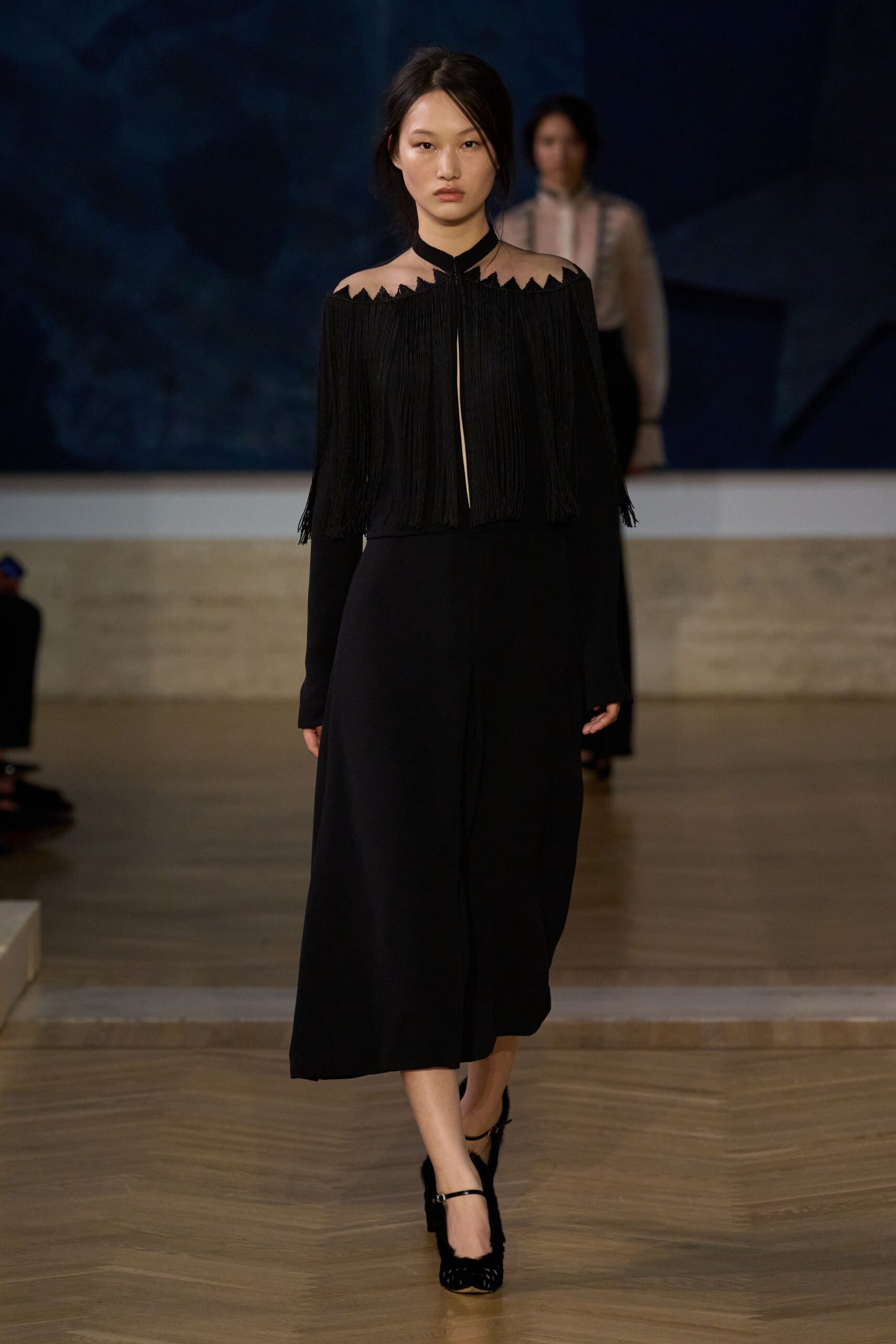 black wool long-sleeve v-neck fitted fringed midi dress