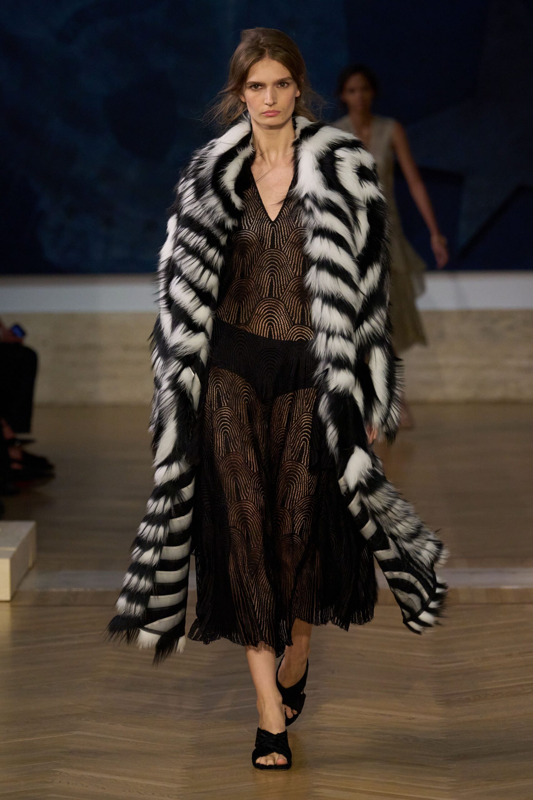 black faux-fur oversized striped coat