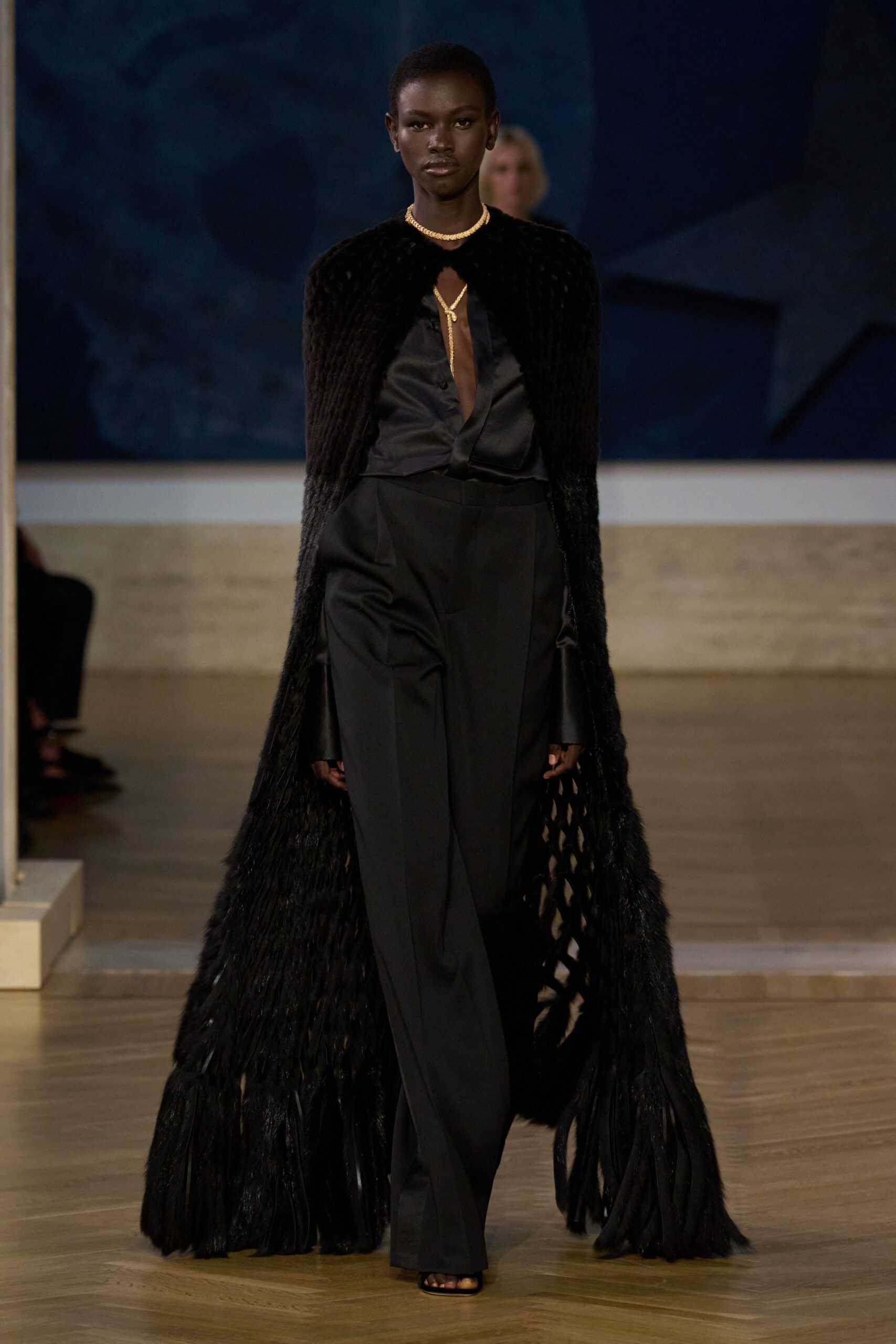 black silk tailored high-waisted straight-leg pants