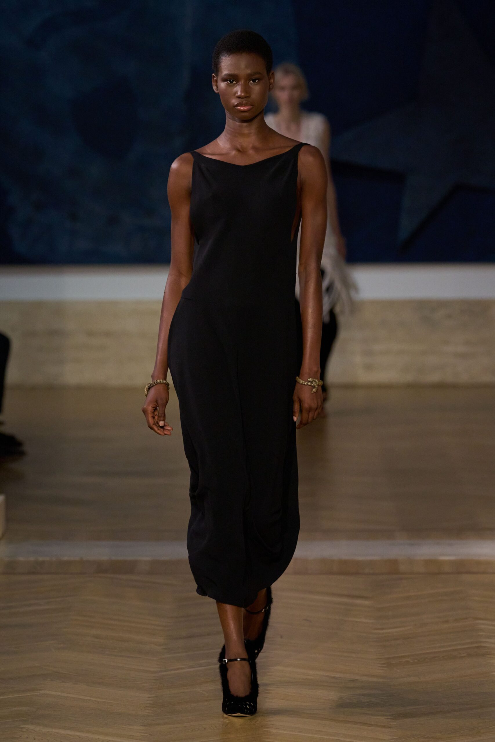 black silk sleeveless v-neck fitted draped midi dress
