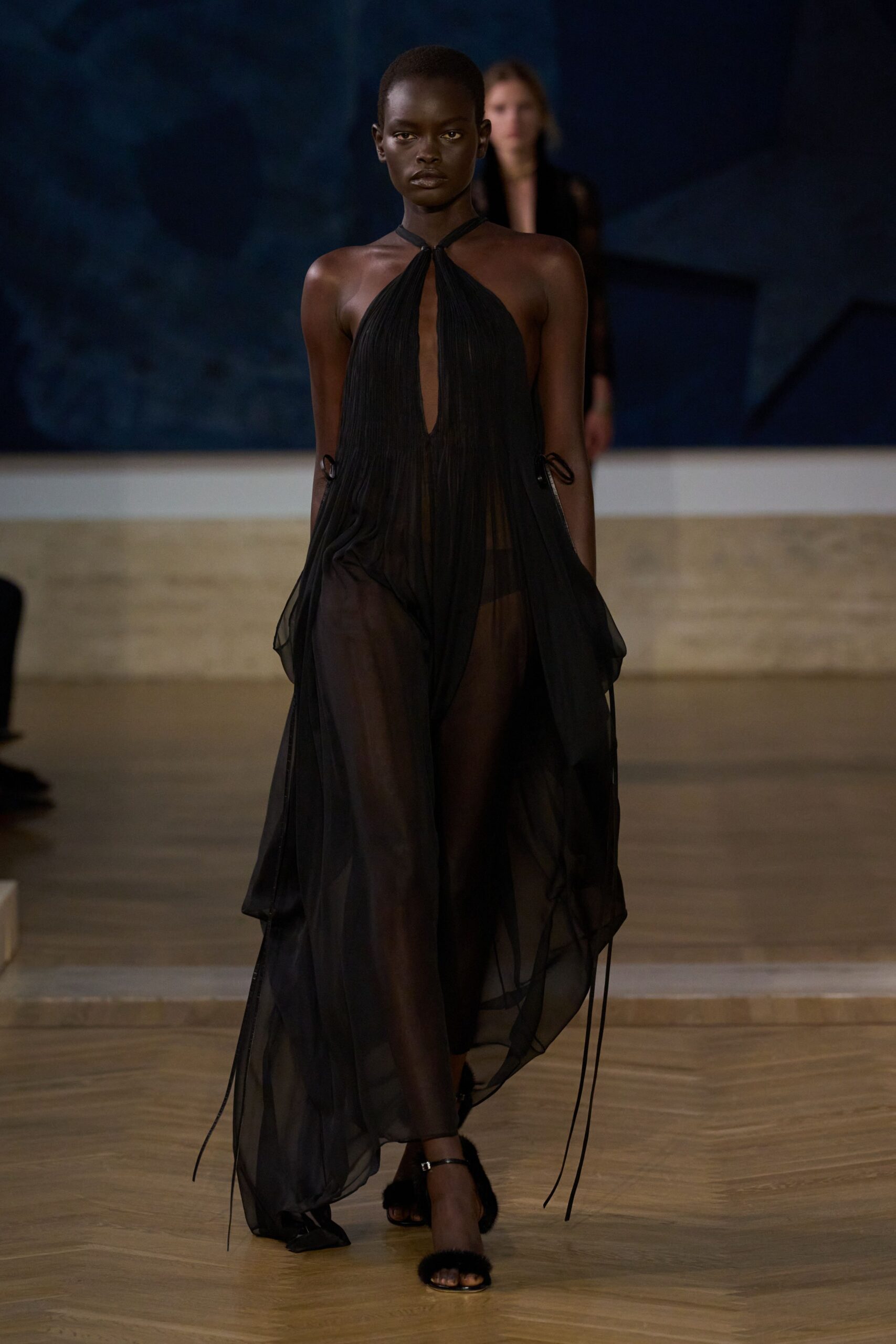 black chiffon sleeveless halter fitted layered dress