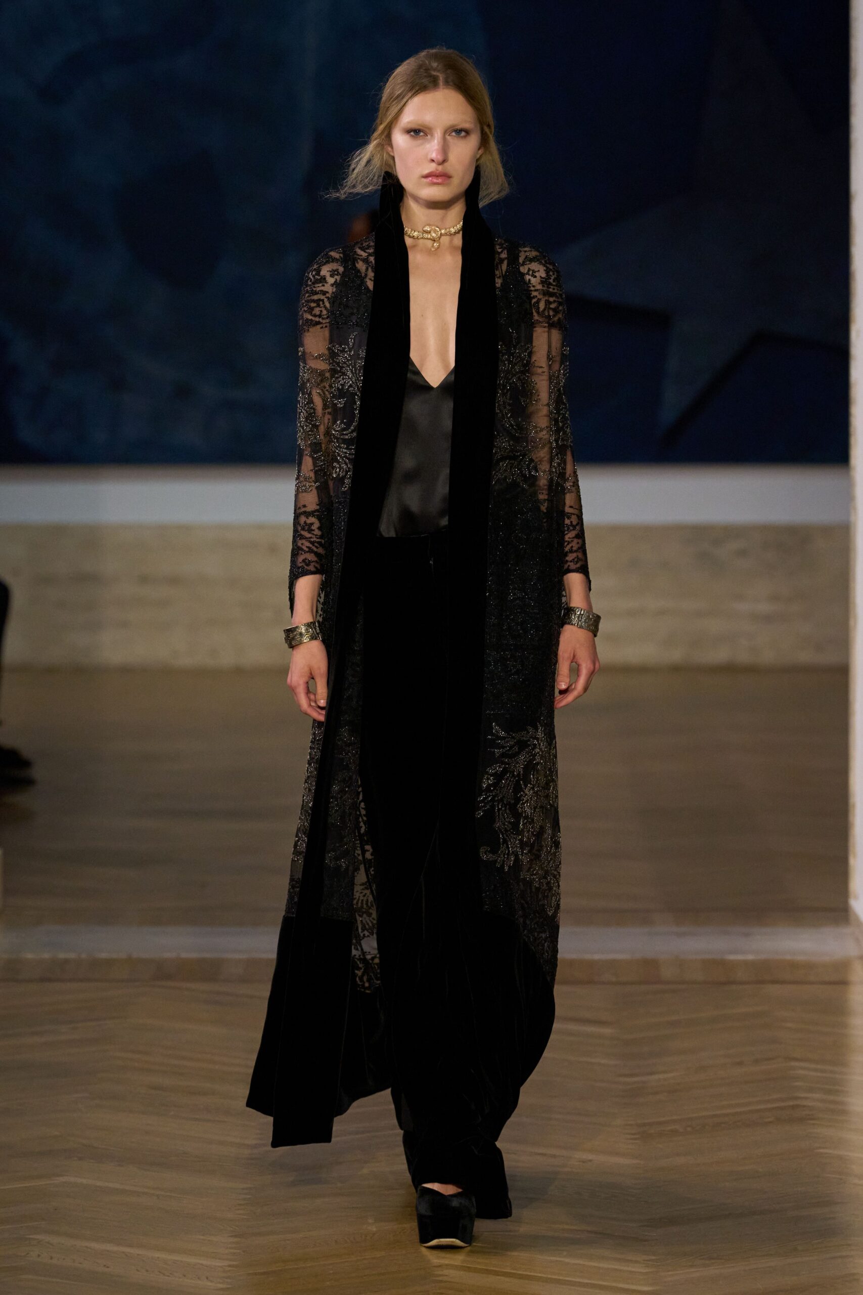 black lace long-sleeve relaxed layered maxi coat