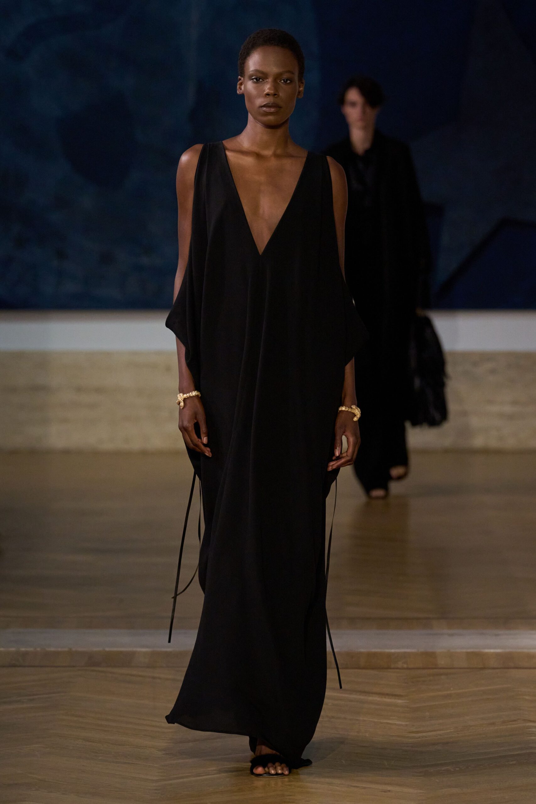 black silk sleeveless v-neck relaxed draped maxi gown