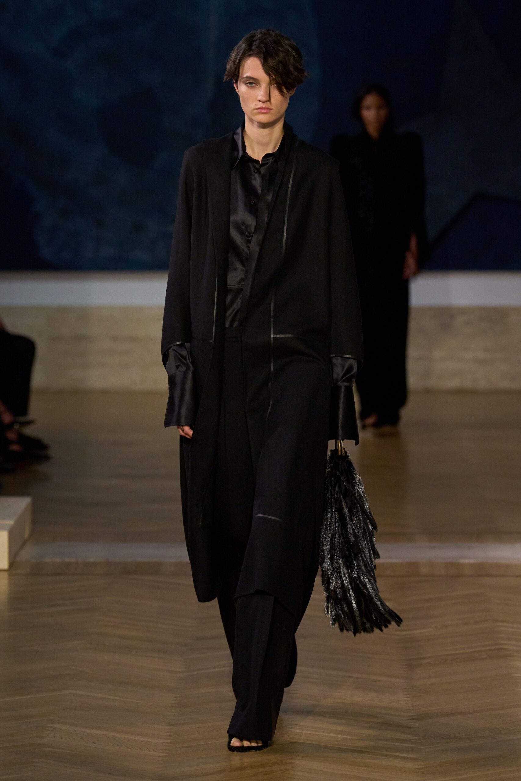 black silk long-sleeve collared relaxed layered coat