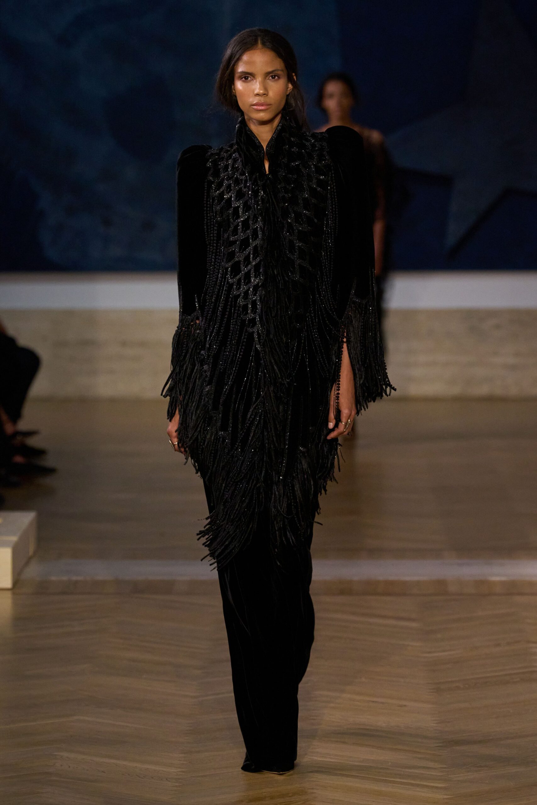 black velvet fringed maxi dress
