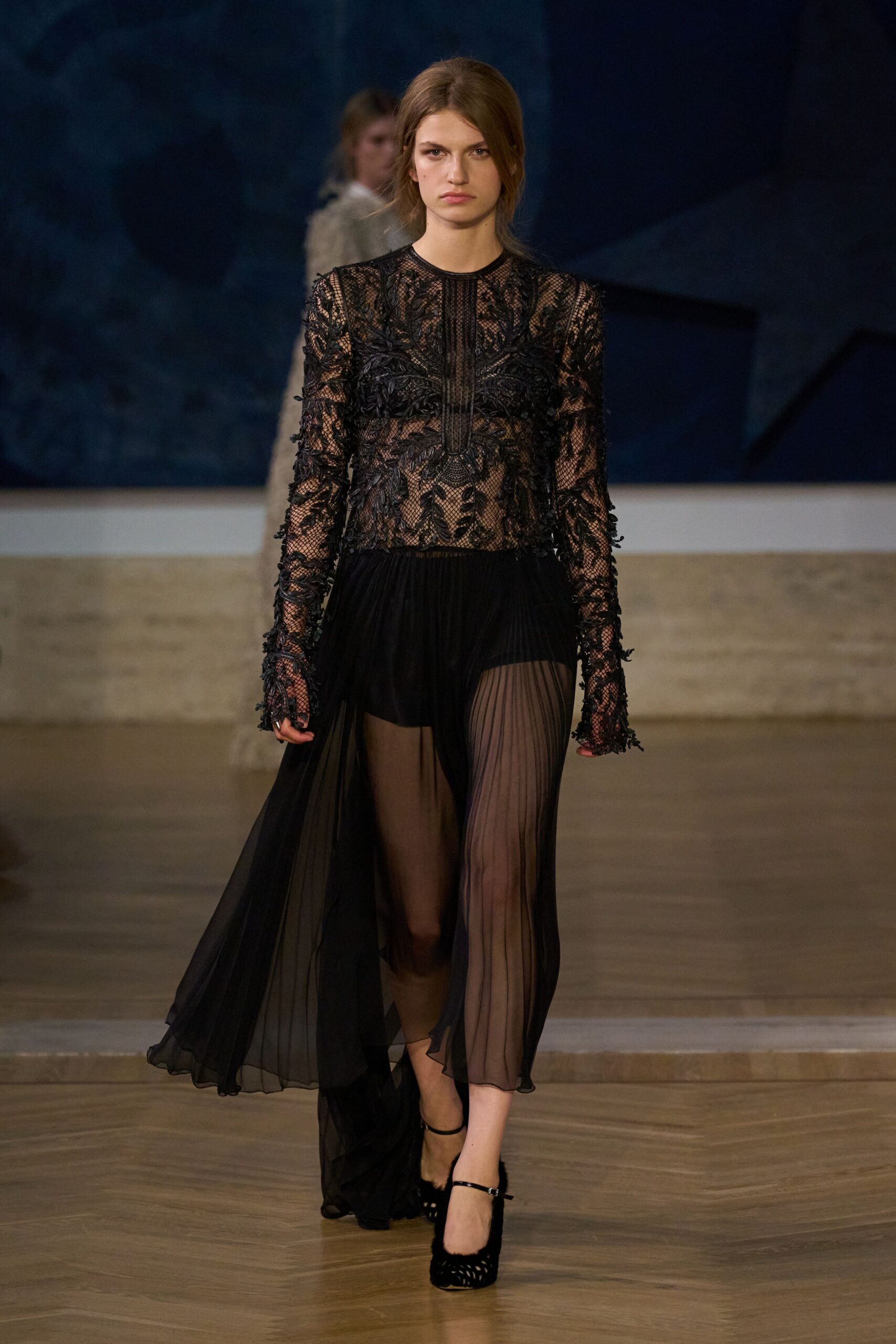 black lace long-sleeve v-neck fitted embroidered layered gown