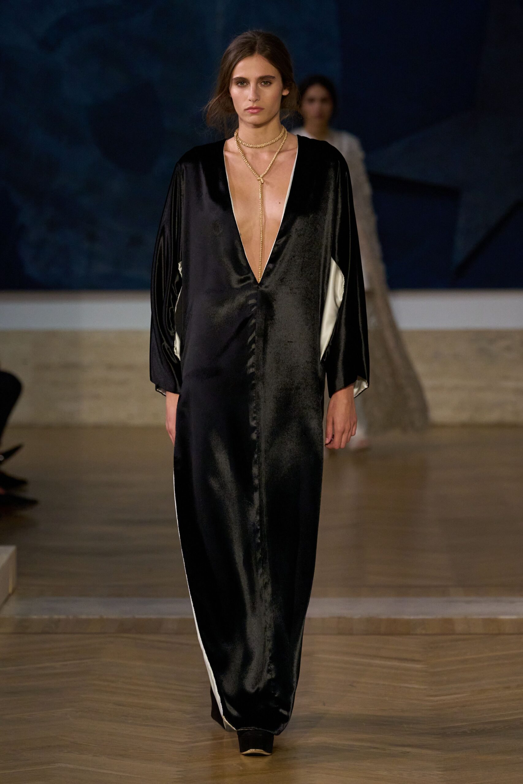 black silk long-sleeve v-neck fitted draped shiny gown