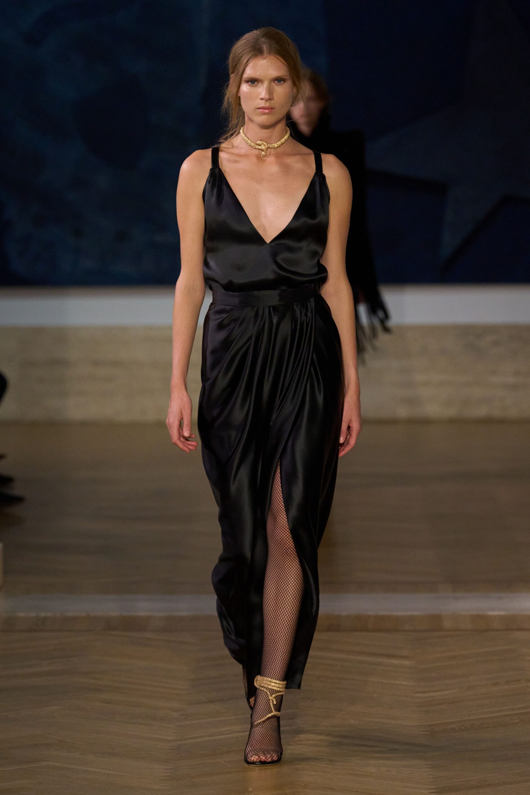 black silk sleeveless v-neck fitted flowing maxi gown