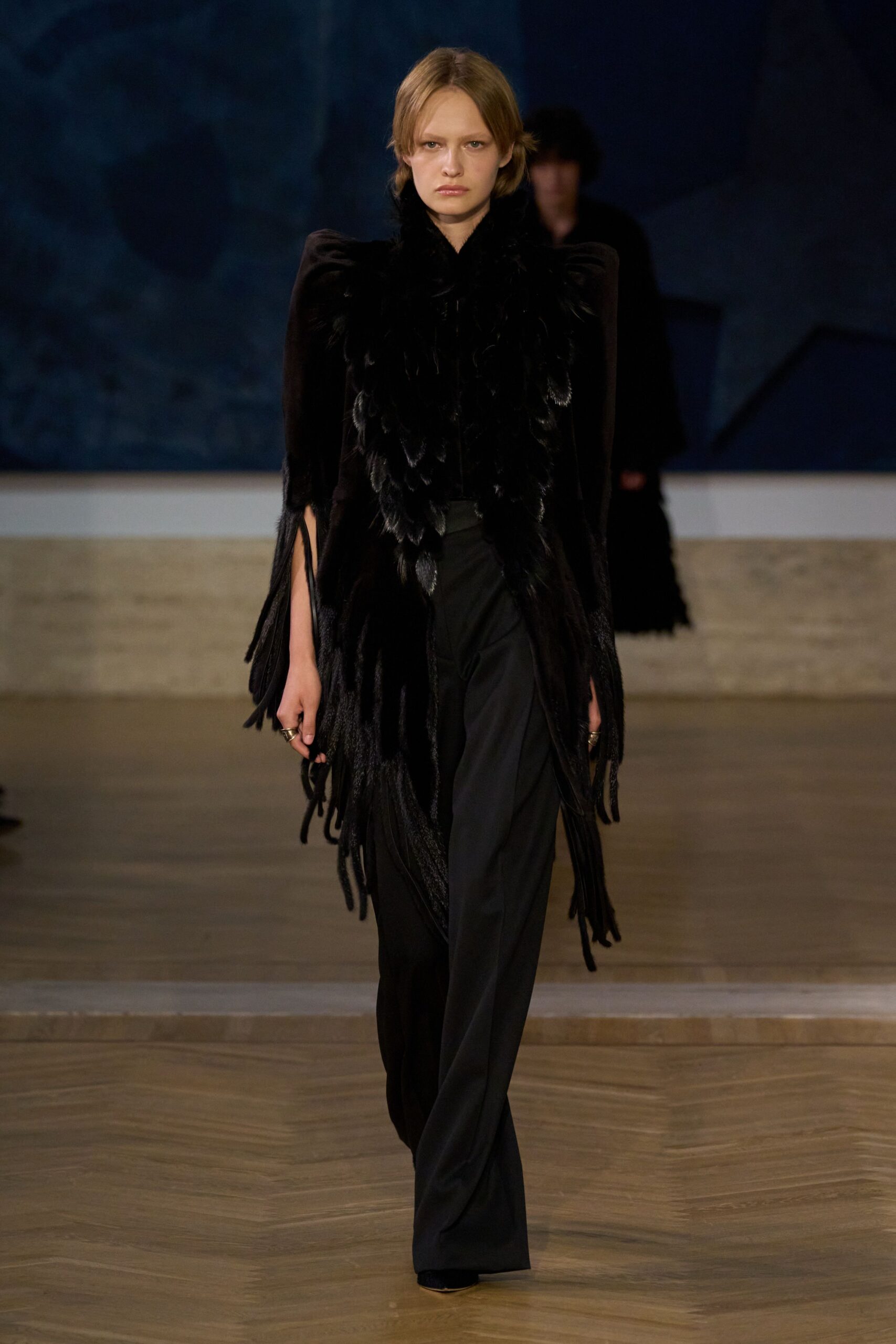 black wool tailored straight-leg pants