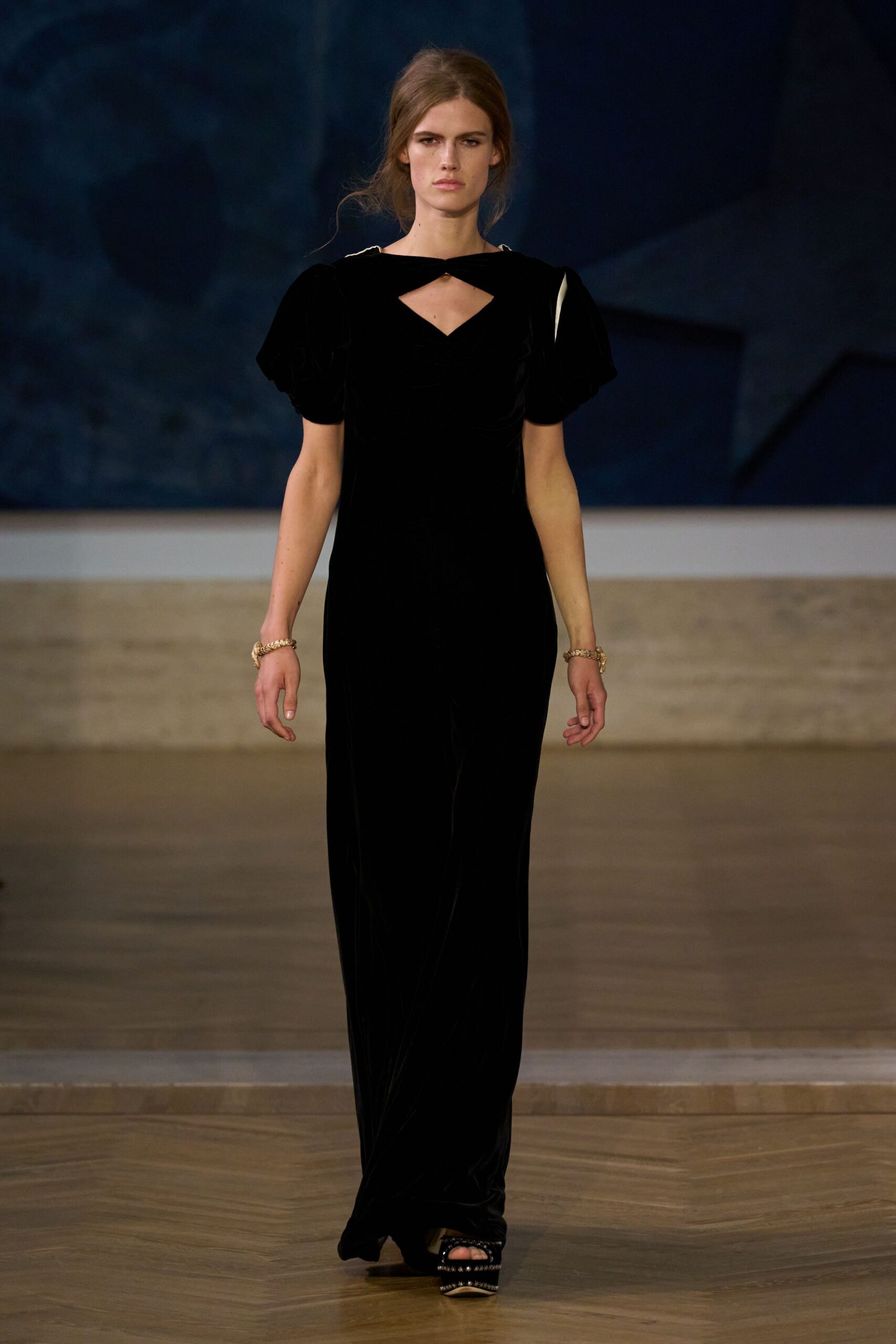 black velvet short-sleeve v-neck fitted ruched maxi gown