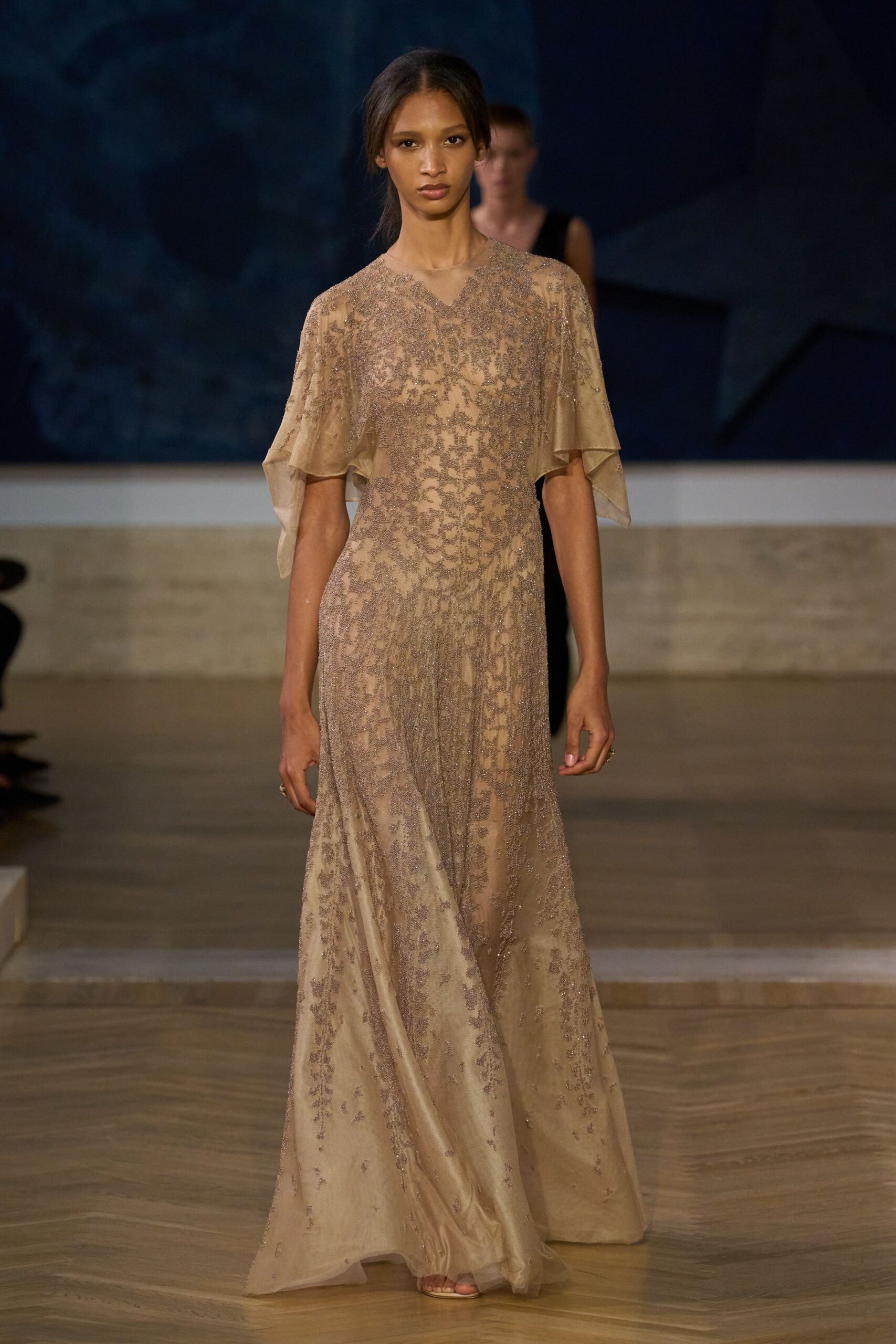 beige silk embroidered gown