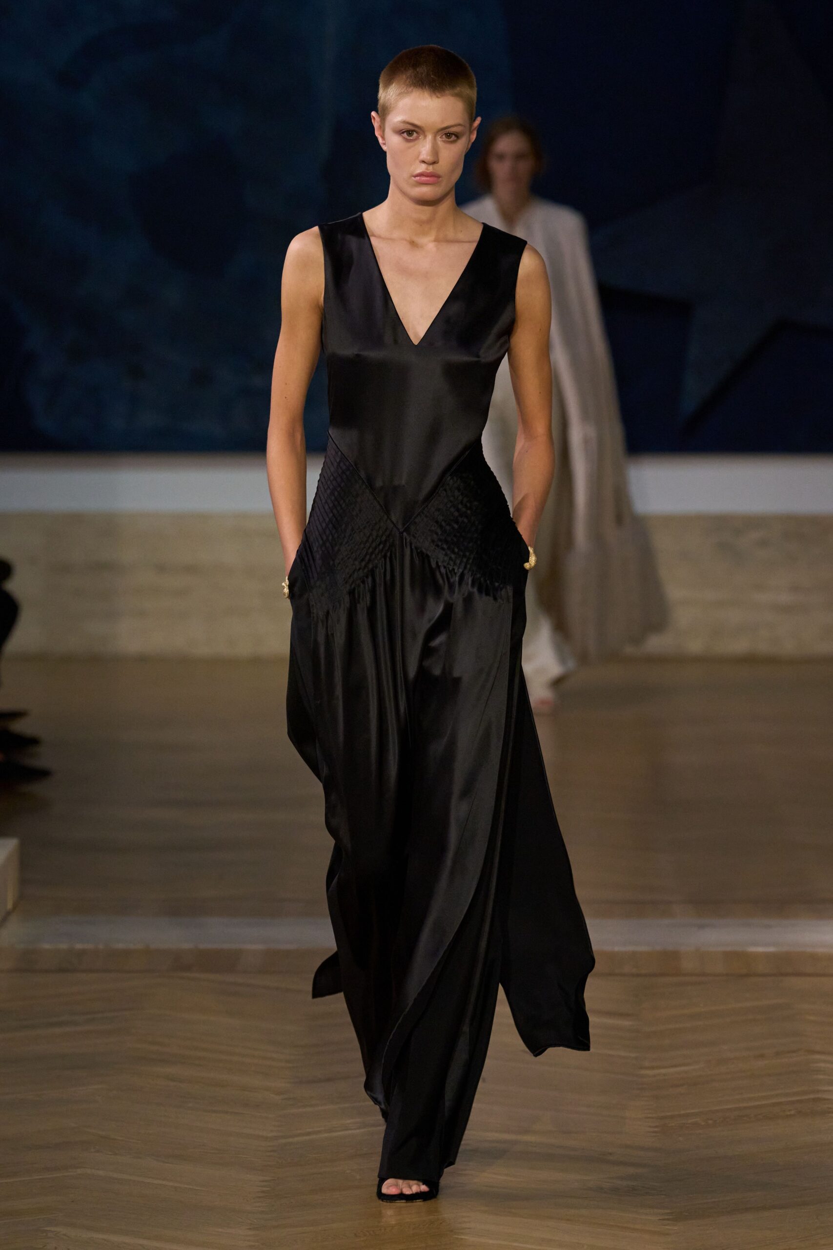 black silk sleeveless v-neck fitted draped flowing gown