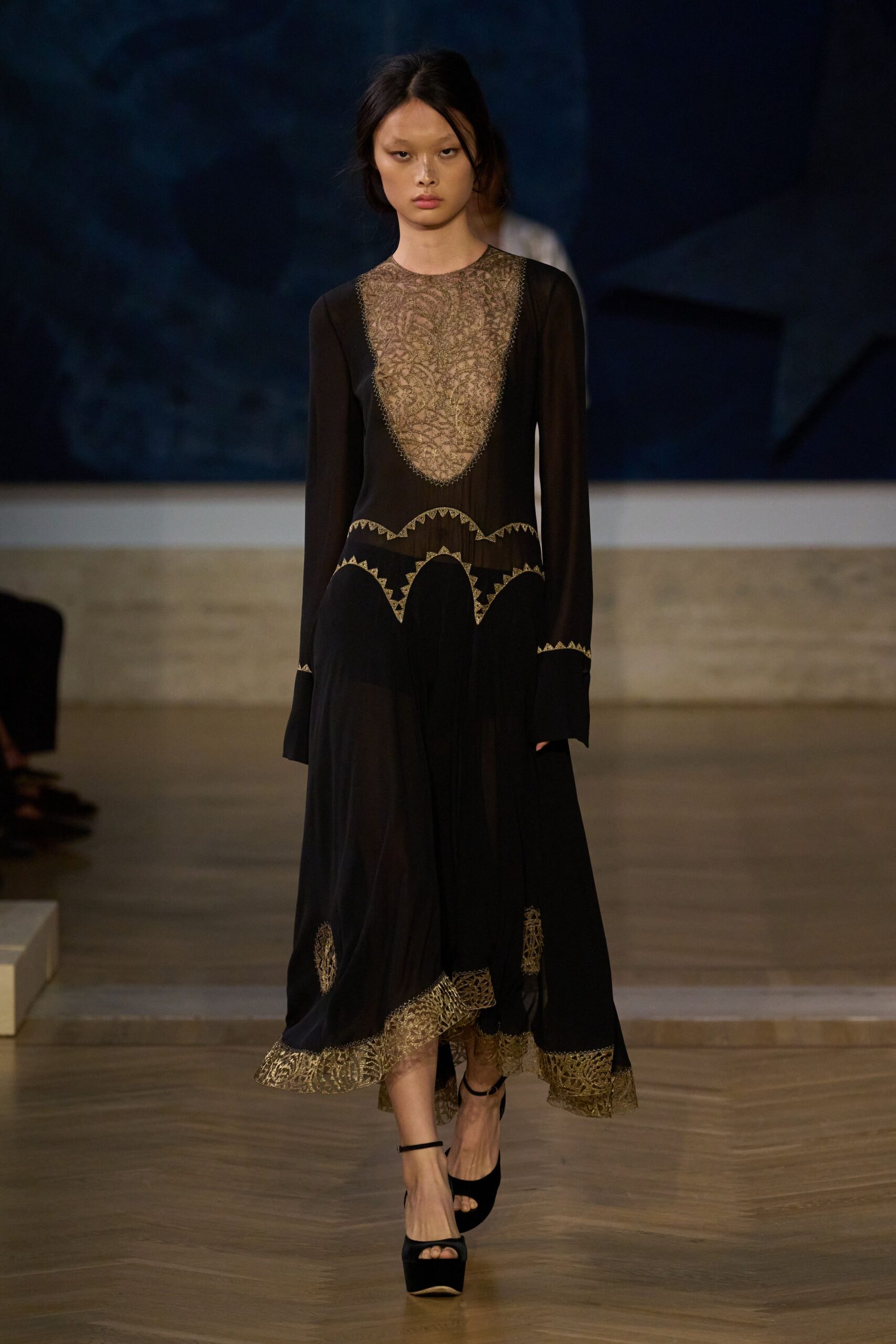 black silk long-sleeve v-neck fitted embroidered tiered dress