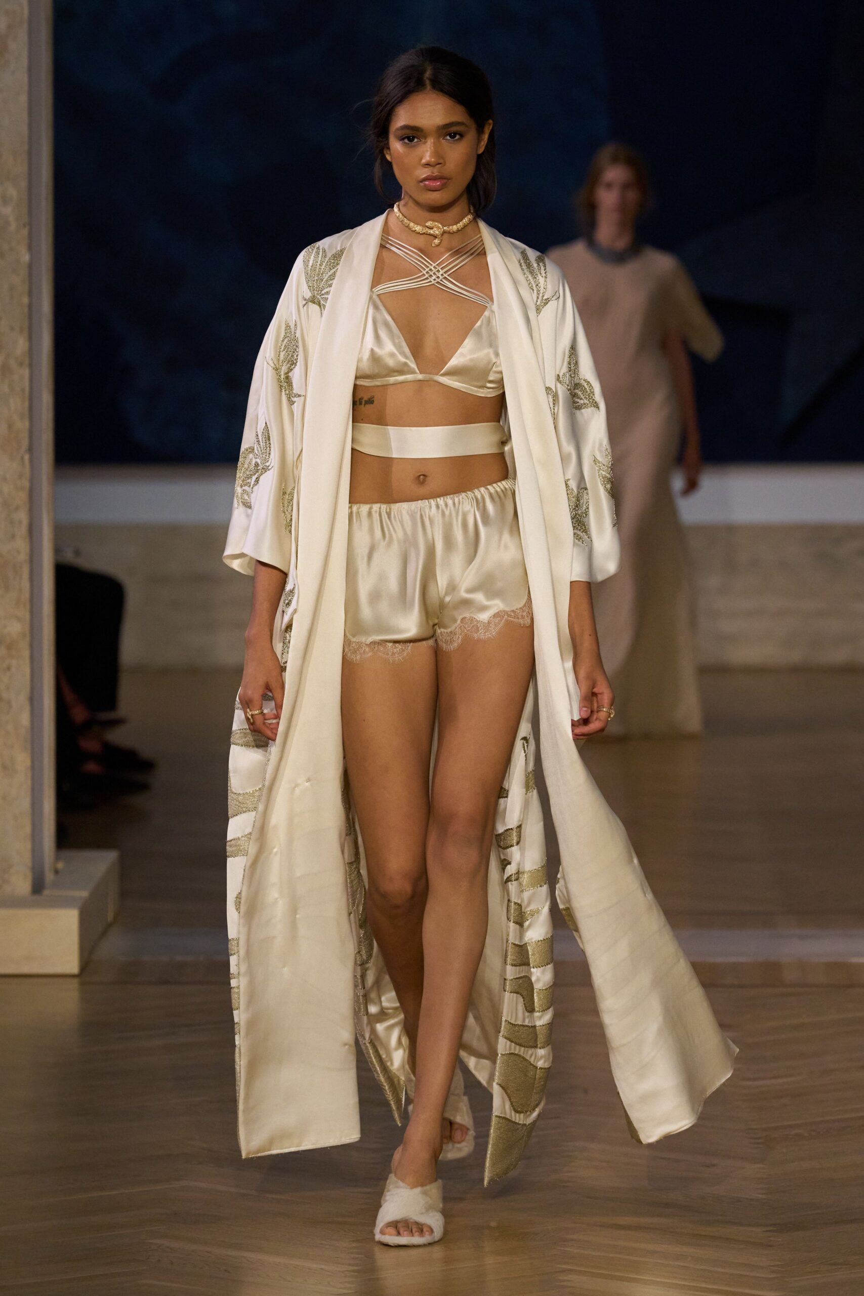 ivory silk long-sleeve relaxed embroidered coat