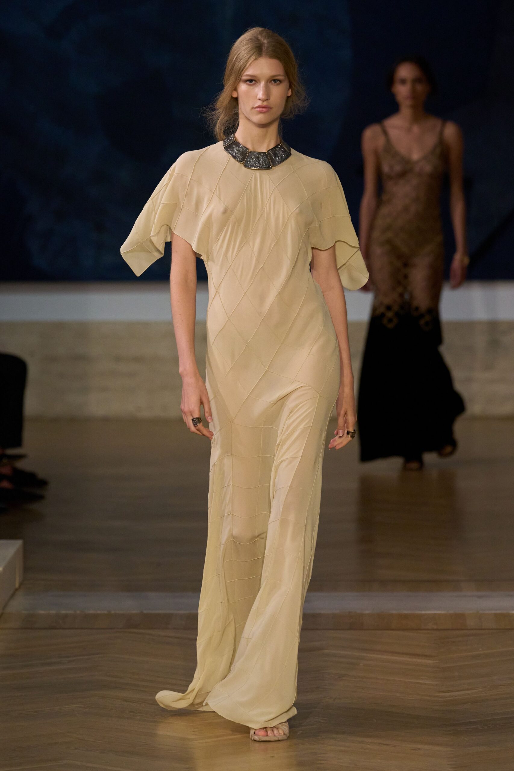 beige silk short-sleeve high-neck fitted pleated flowing gown