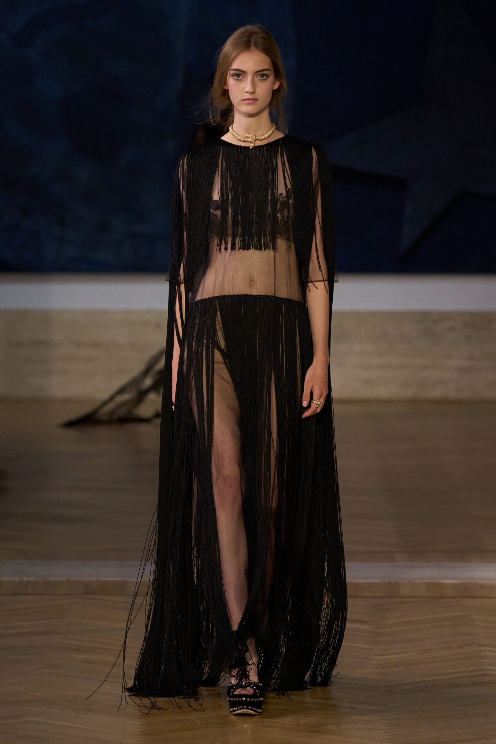 black sheer fringed gown