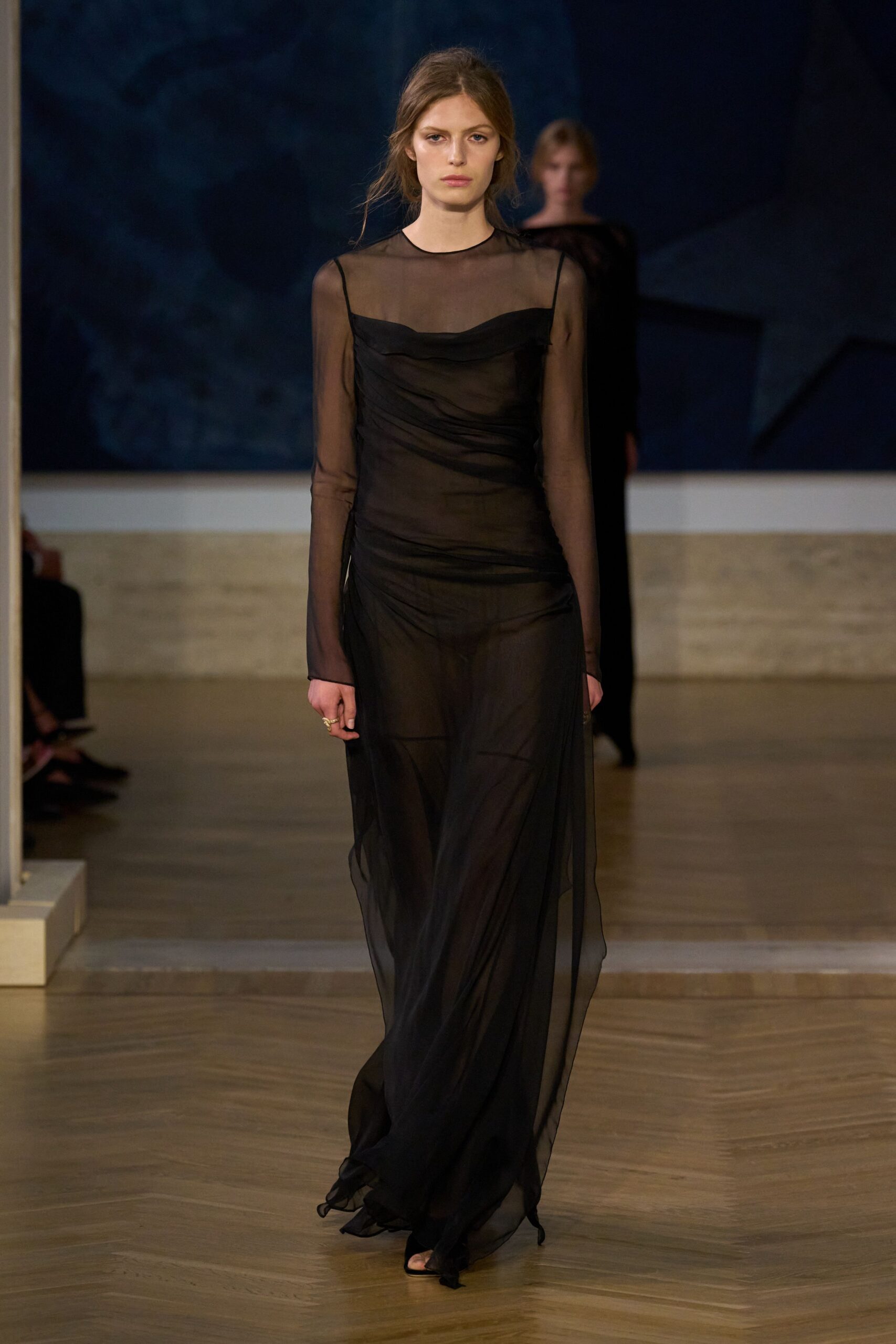 black chiffon long-sleeve v-neck fitted draped sheer gown