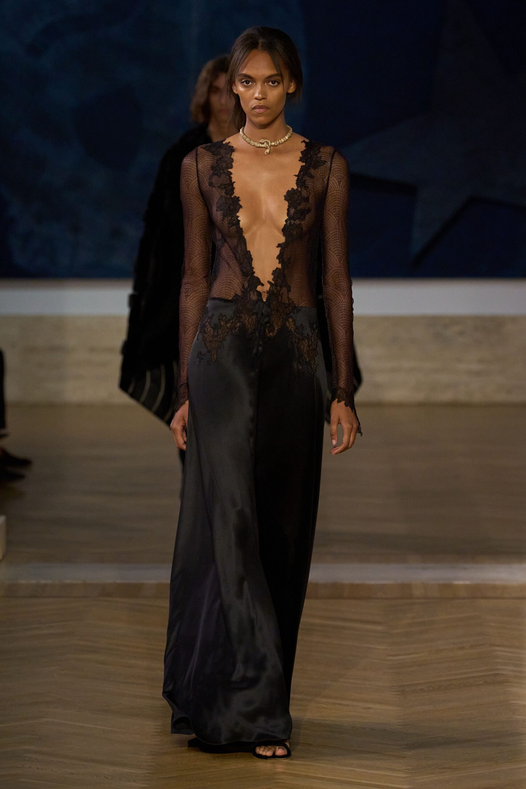 black silk long-sleeve v-neck fitted embroidered sheer gown
