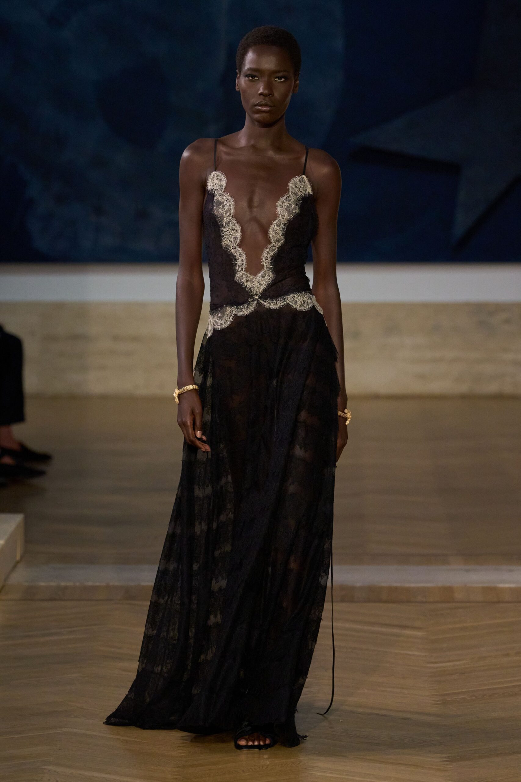 black lace sleeveless v-neck fitted embroidered gown