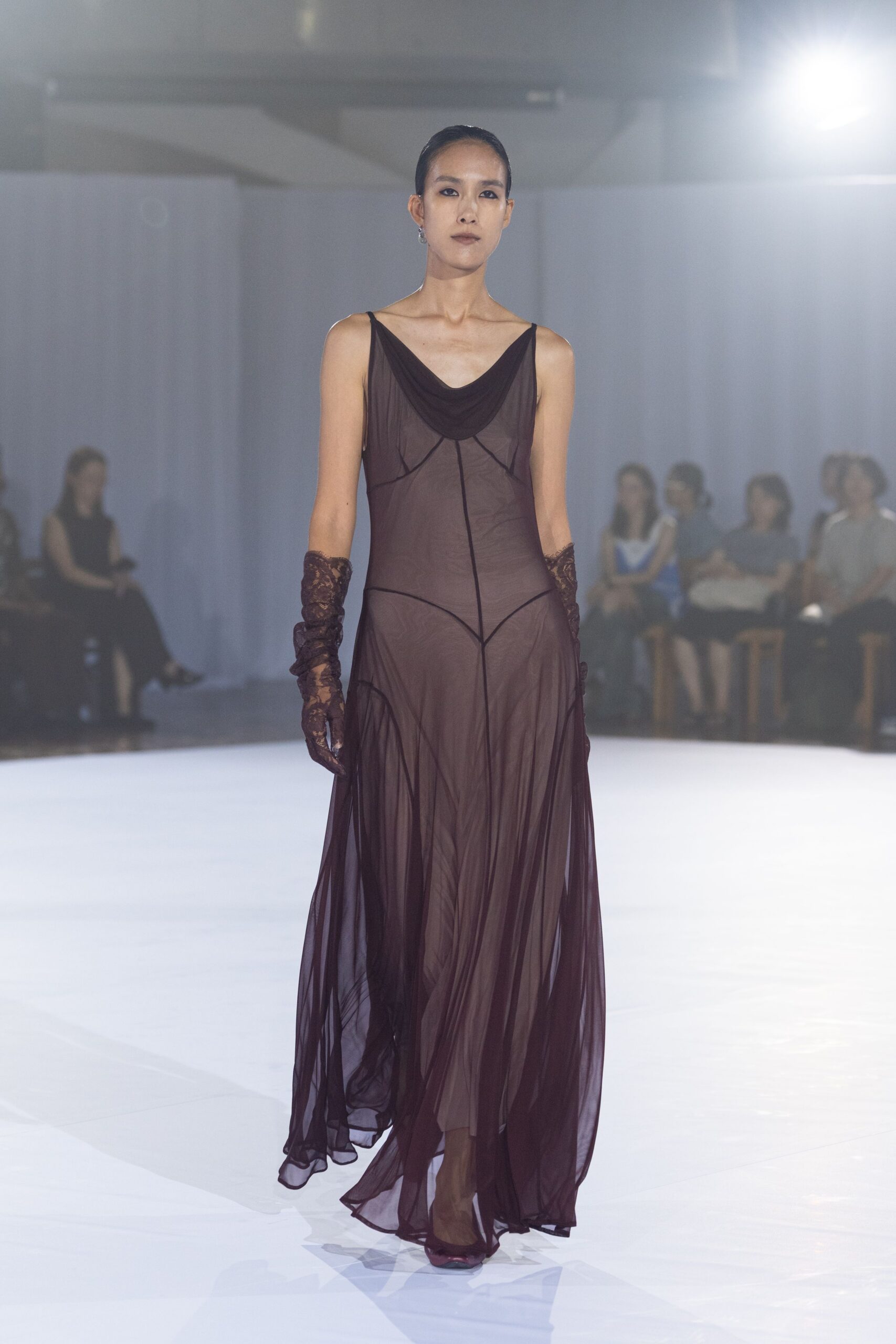 black silk sleeveless v-neck fitted flowing sheer gown