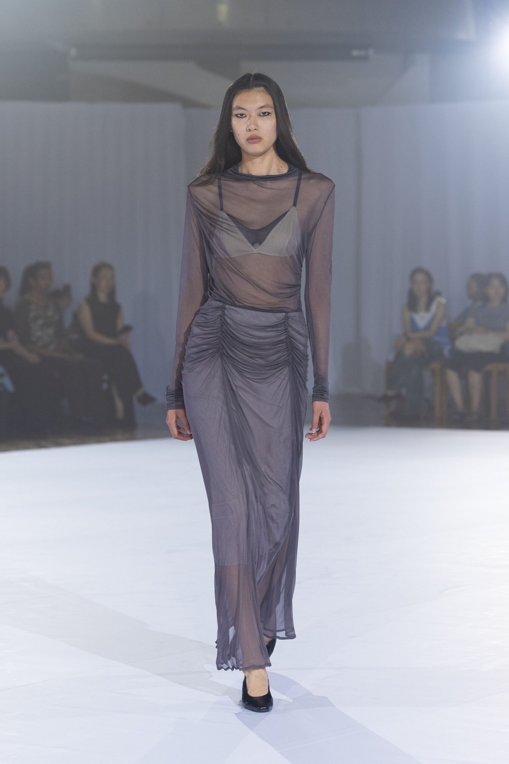 gray chiffon long-sleeve v-neck fitted ruched sheer gown