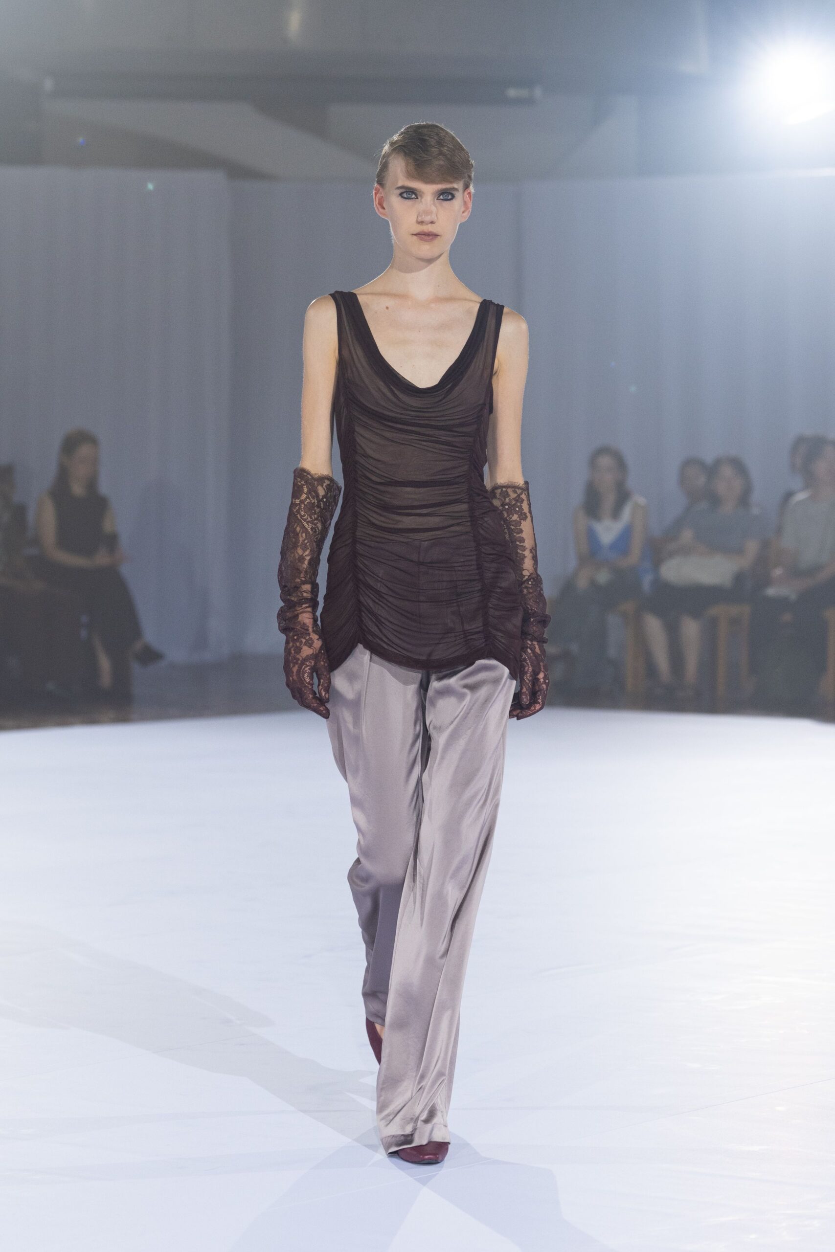gray silk relaxed straight-leg pants