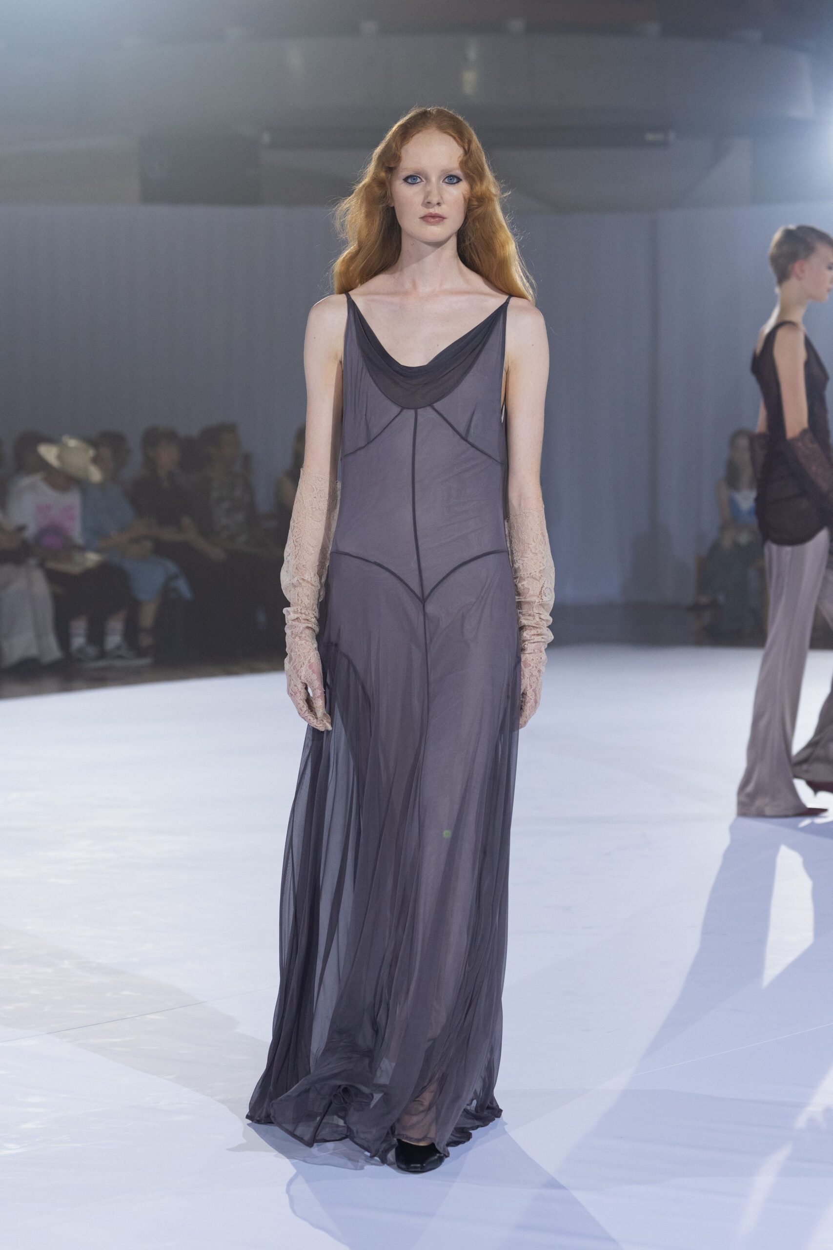 gray chiffon sleeveless v-neck fitted flowing sheer gown