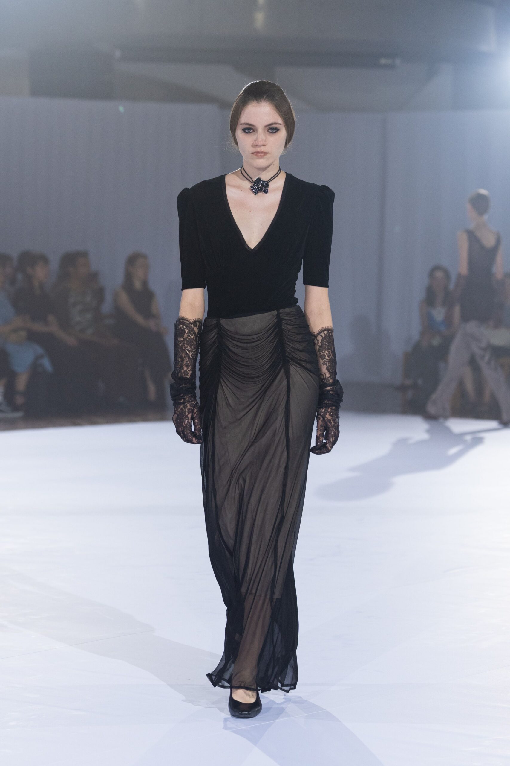 black silk short-sleeve v-neck fitted pleated layered gown