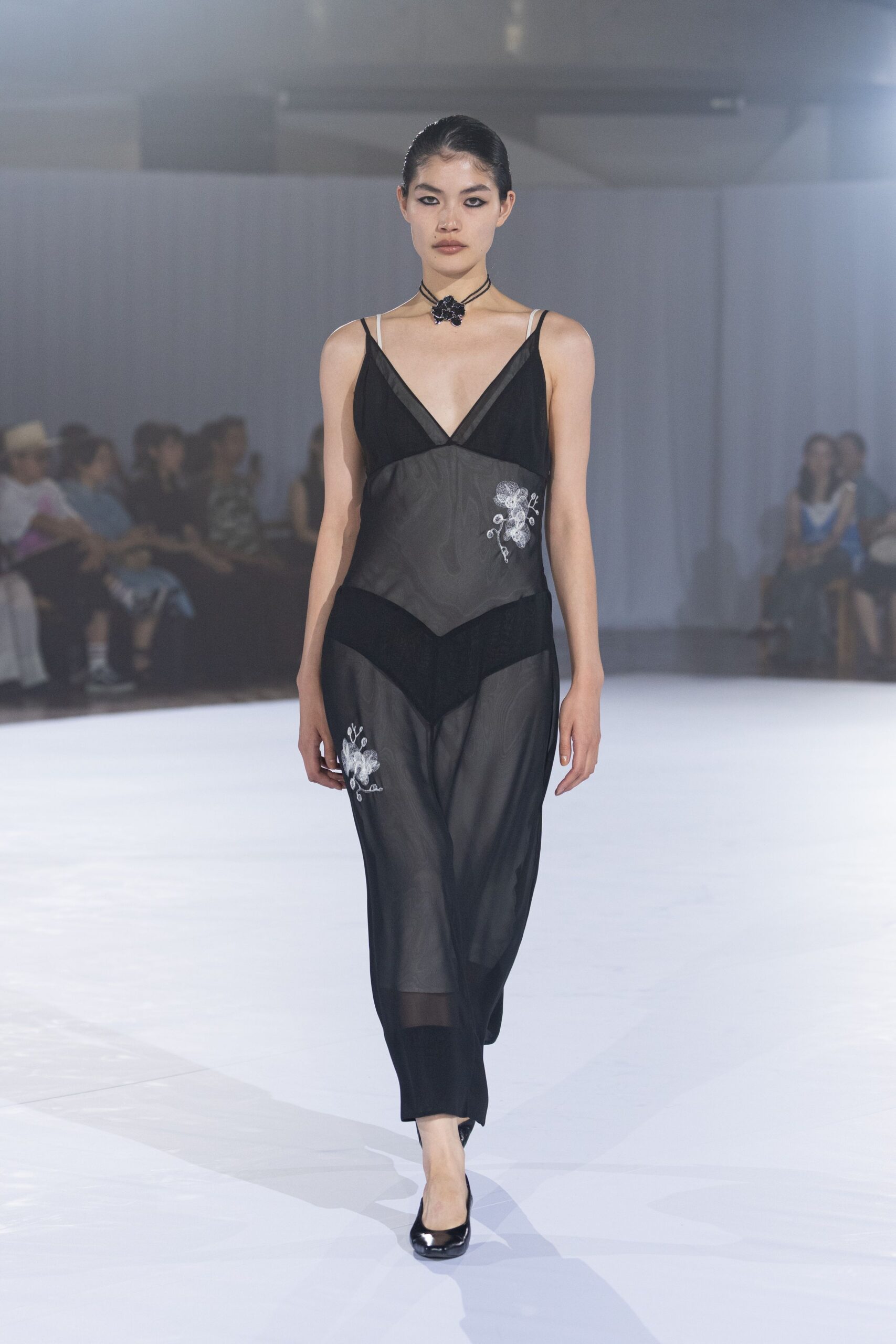 black silk sleeveless v-neck fitted embroidered dress