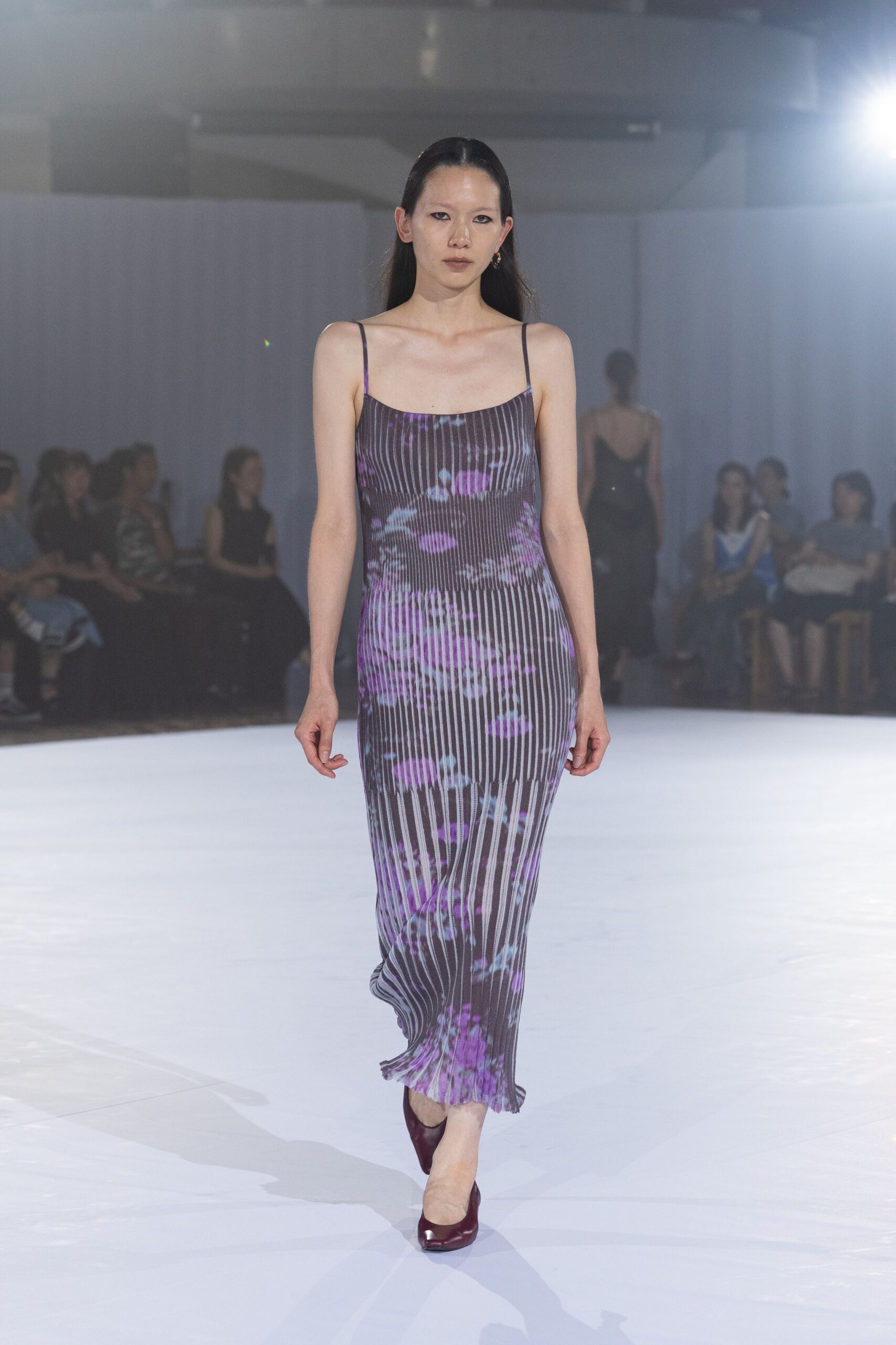 purple silk sleeveless v-neck fitted pleated printed dress