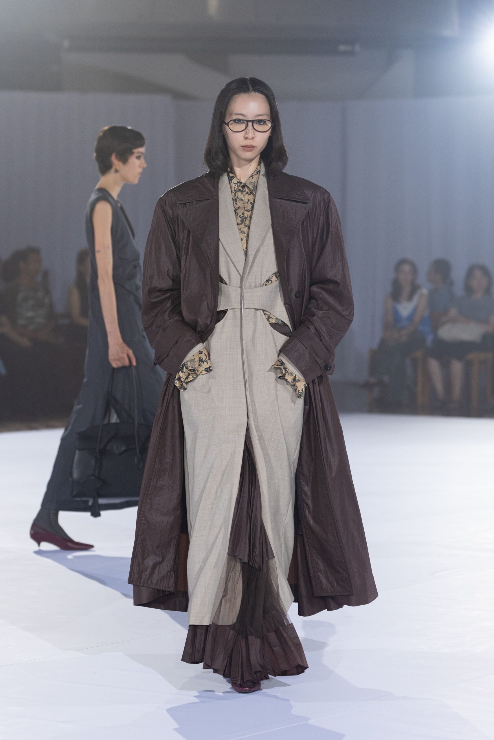 brown leather long-sleeve collared relaxed belted coat