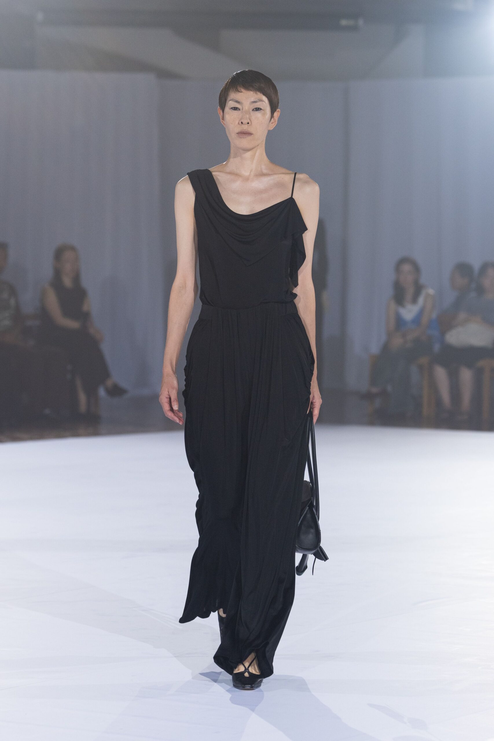 black silk sleeveless v-neck fitted draped flowing dress