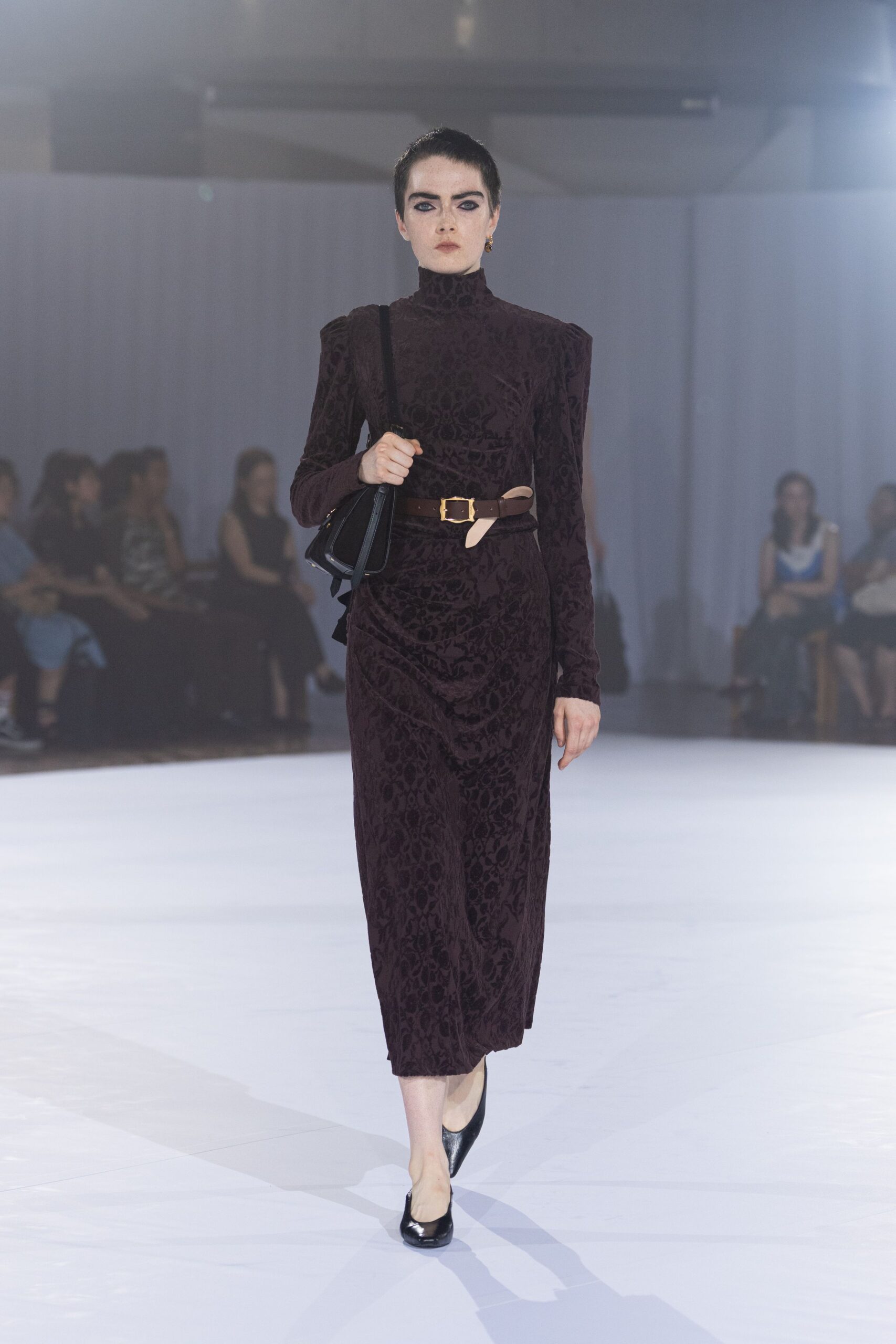 purple velvet long-sleeve high-neck fitted embellished midi dress